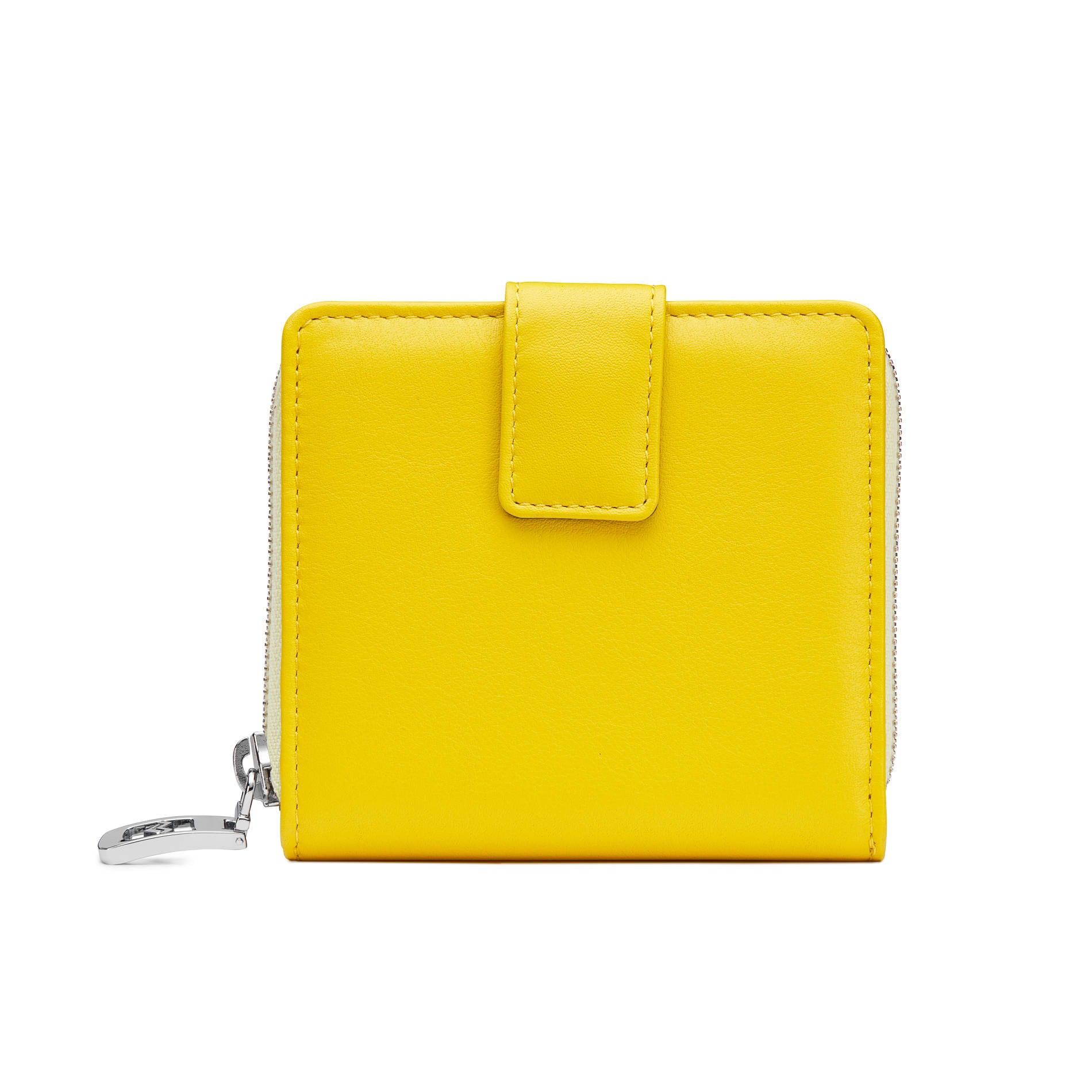 Back view of Mario Valentino yellow calfskin leather cardholder wallet with external coin pocket and zip closure. Made in Italy.