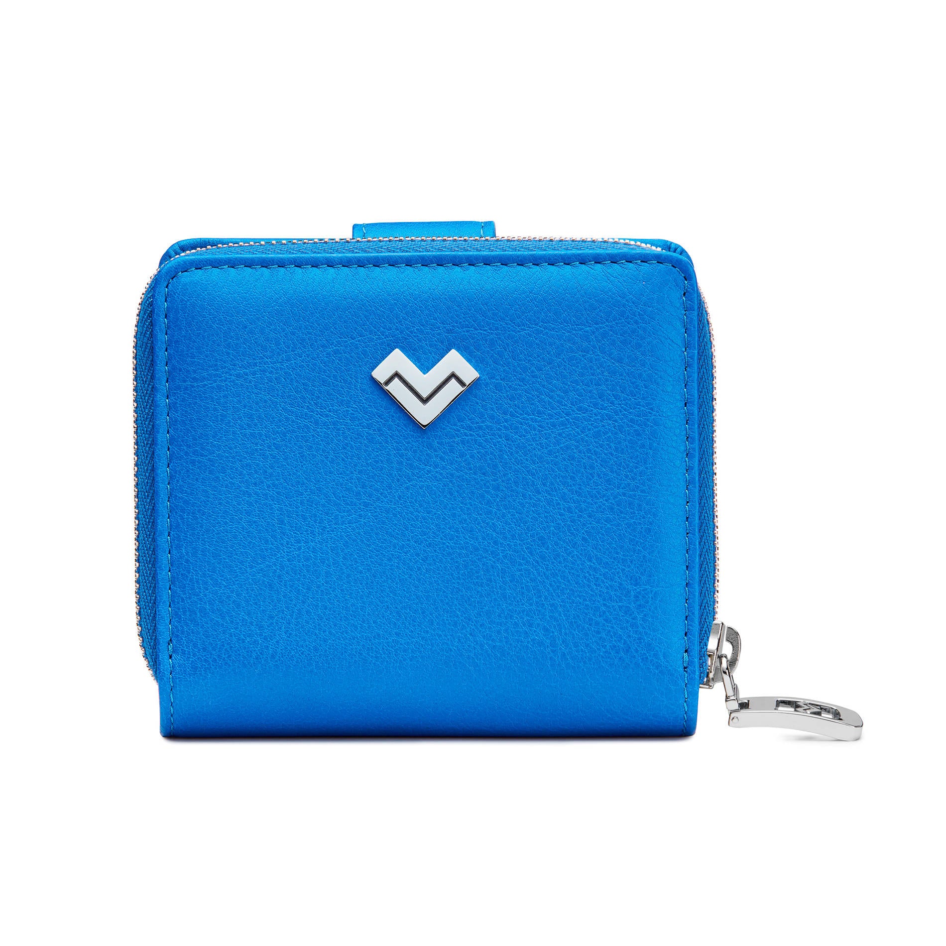 Mario Valentino light blue calfskin wallet with metal MV logo, zip-around closure and external coin pocket. Made in Italy.