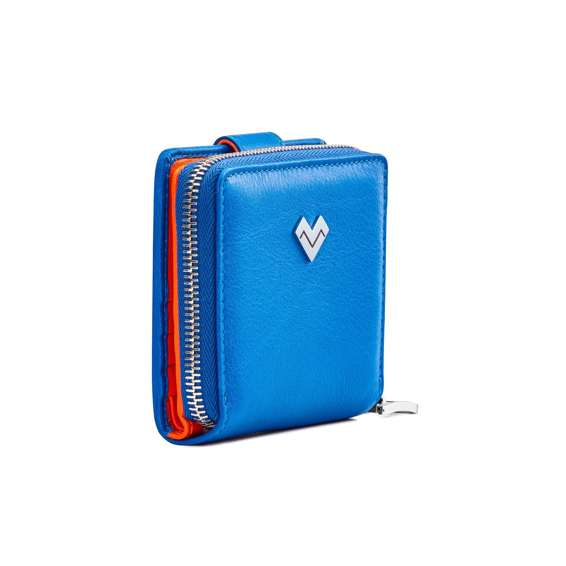 Side view of Mario Valentino light blue calfskin zip wallet with logoed metal MV detail and external coin pocket with zip closure. Made in Italy.