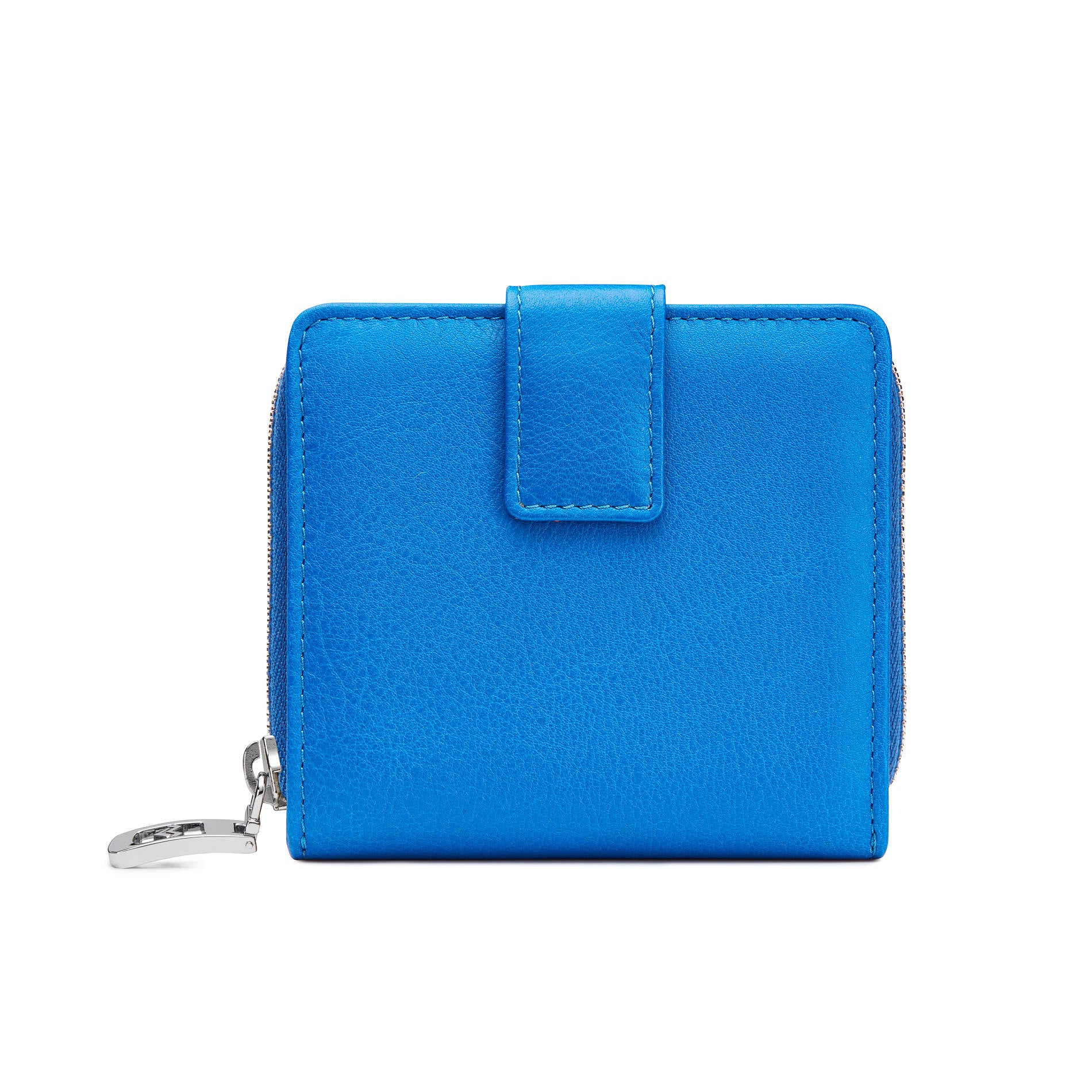 Back view of Mario Valentino light blue calfskin leather cardholder wallet with external coin pocket and zip closure. Made in Italy.