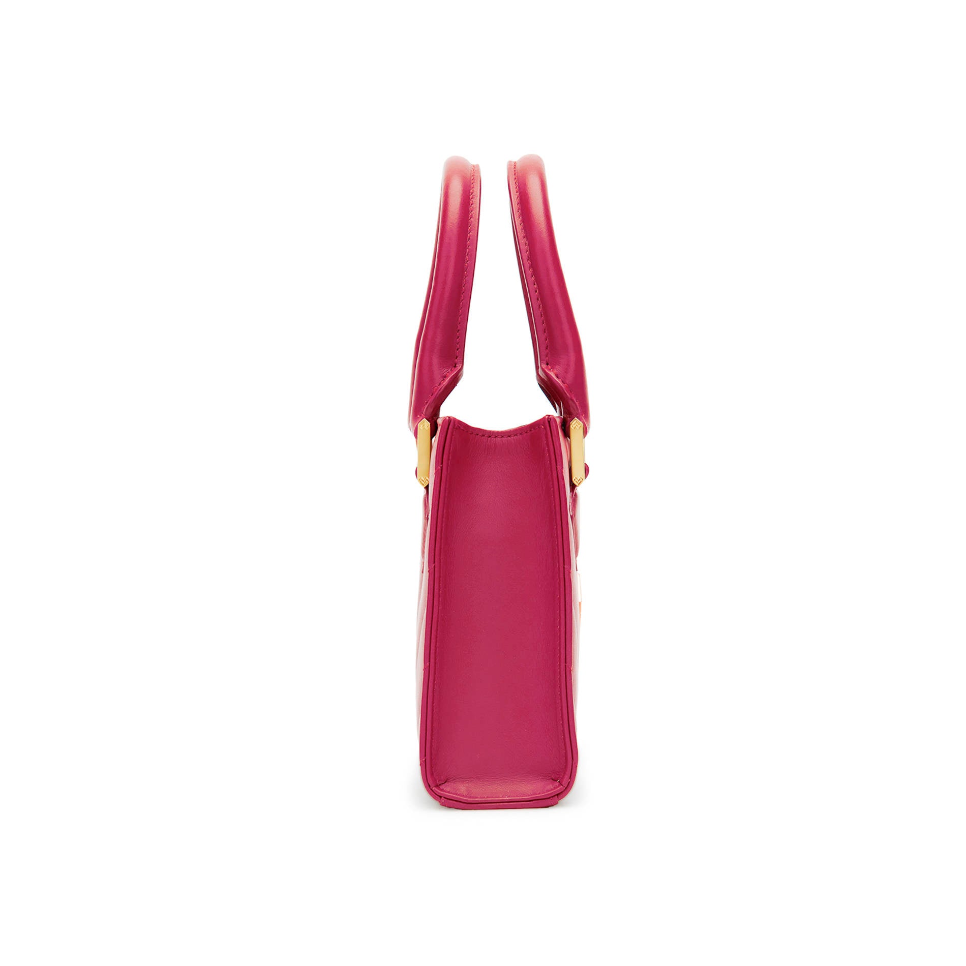 Bright pink quilted leather crossbody bag side view with adjustable strap and gold-tone hardware. Made in Italy