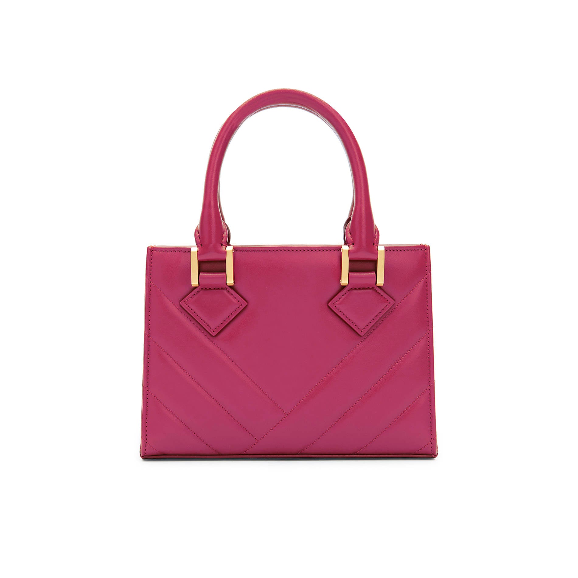 Bright pink quilted leather crossbody bag back view with clean design and adjustable strap. Made in Italy