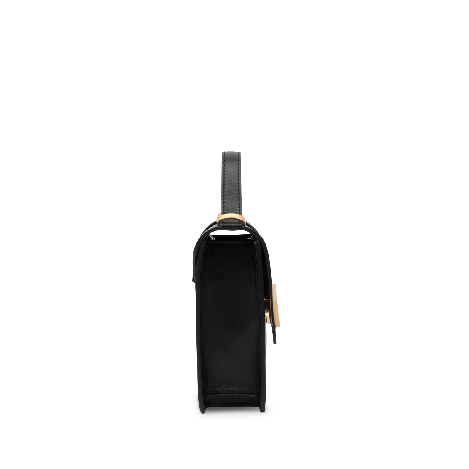 Side view of Mario Valentino black calf leather mini handbag with gold-tone MV logo hardware and adjustable leather shoulder strap. Made in Italy