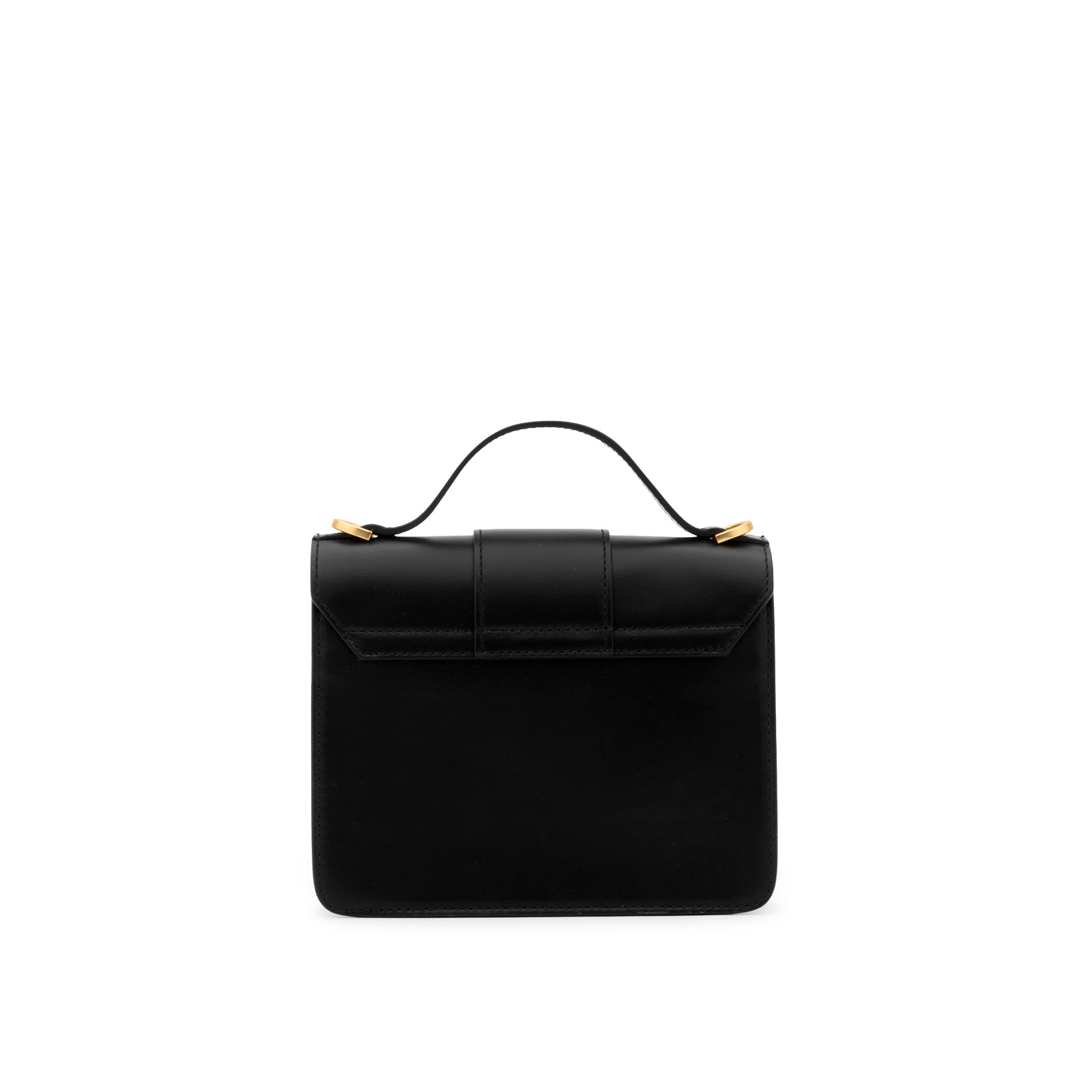 Back view of Mario Valentino black calf leather mini bag with structured silhouette and flap closure. Made in Italy.
