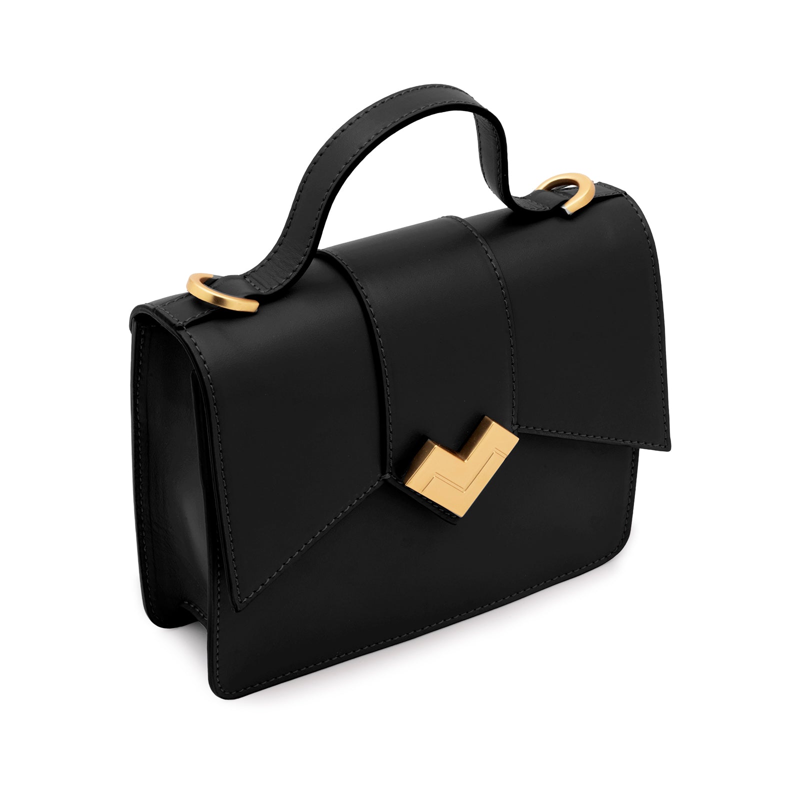 Mario Valentino black calf leather mini top handle bag with gold-tone MV logo hardware.