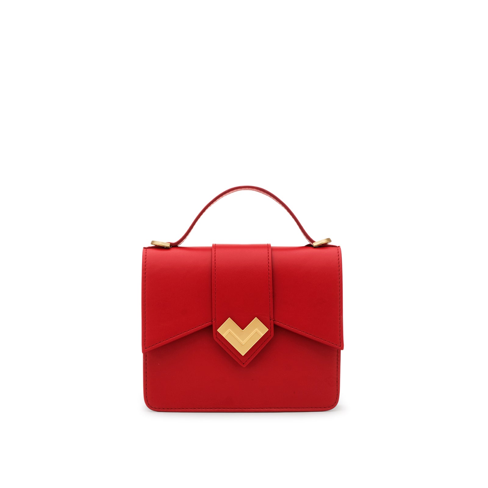 Mario Valentino red calf leather mini bag with gold-tone MV logo hardware, top handle, flap closure, Made in Italy