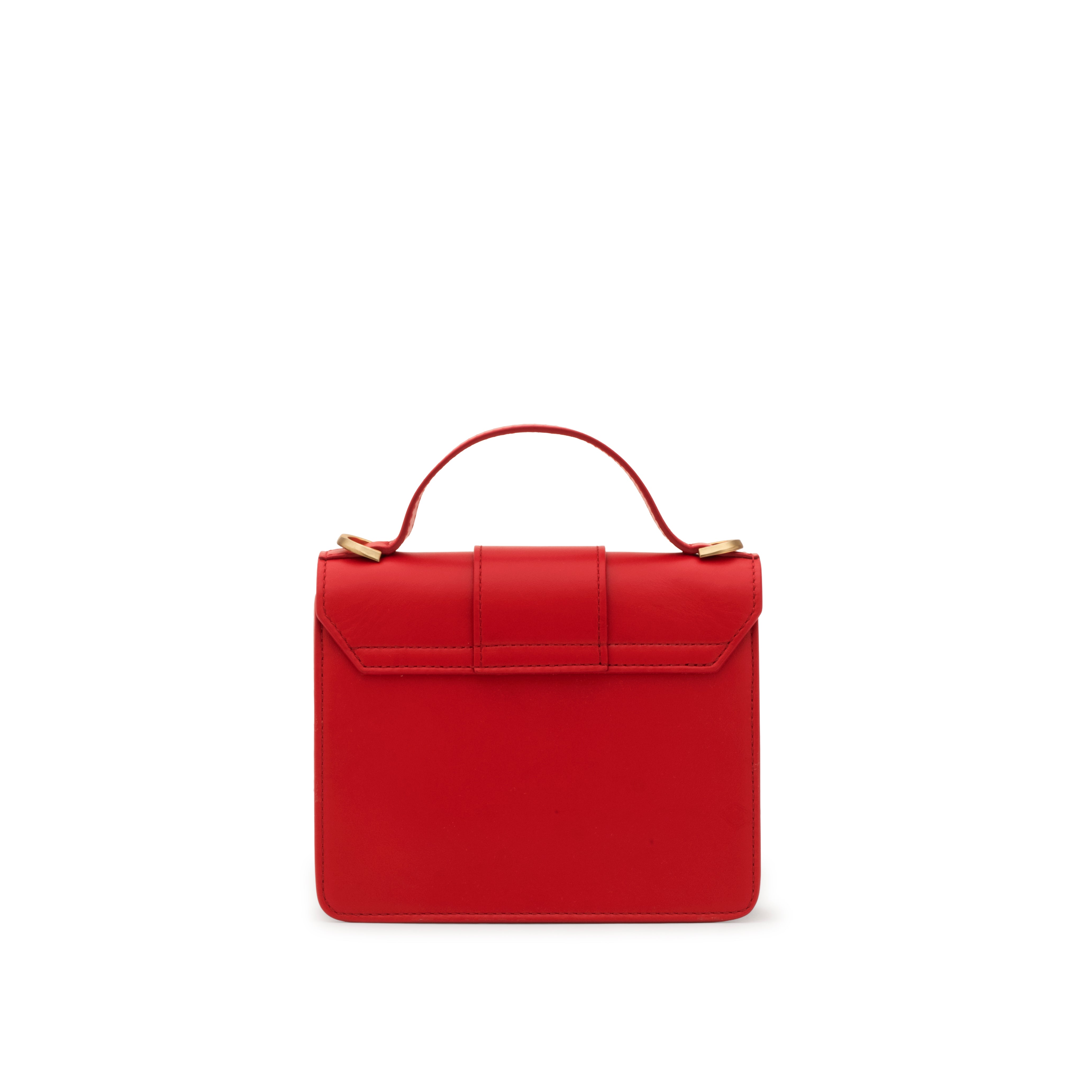 Back view of Mario Valentino red calf leather mini bag with structured silhouette and flap closure. Made in Italy.