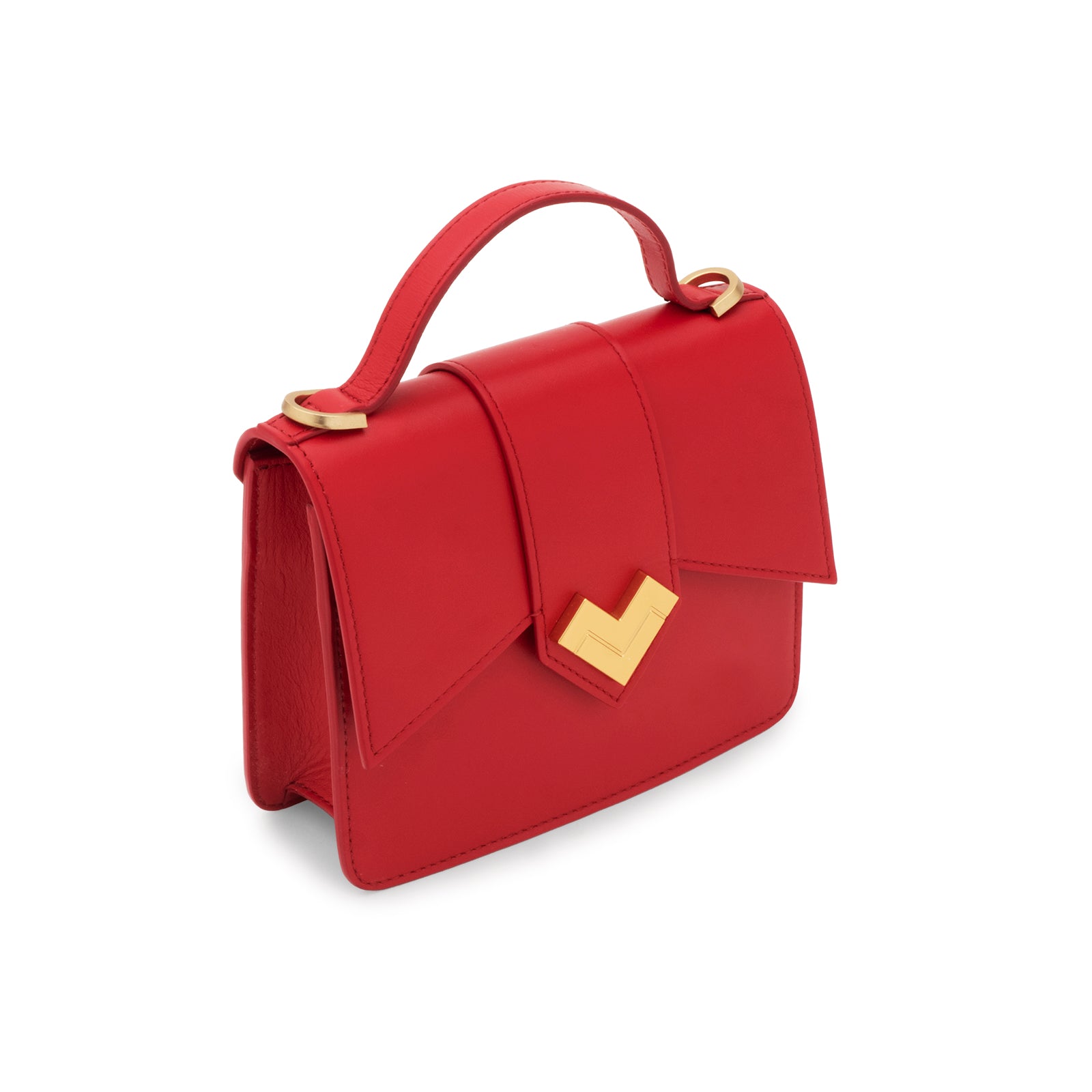 Mario Valentino red calf leather mini top handle bag with gold-tone MV logo hardware.