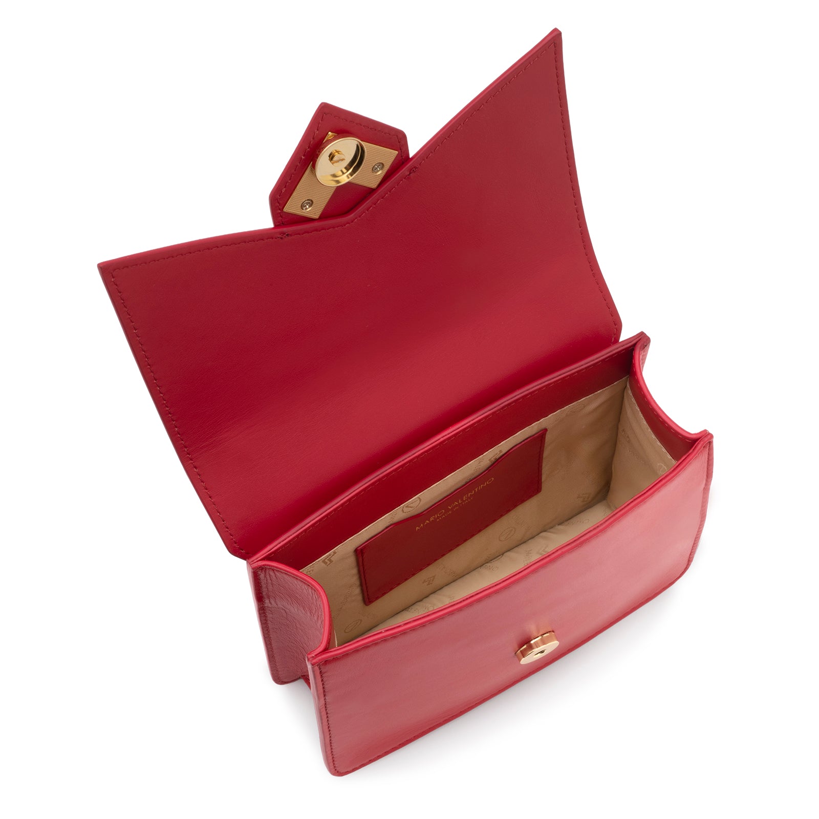 Interior view of Mario Valentino red calf leather minibag with logoed nylon lining and inner pocket. Made in Italy.