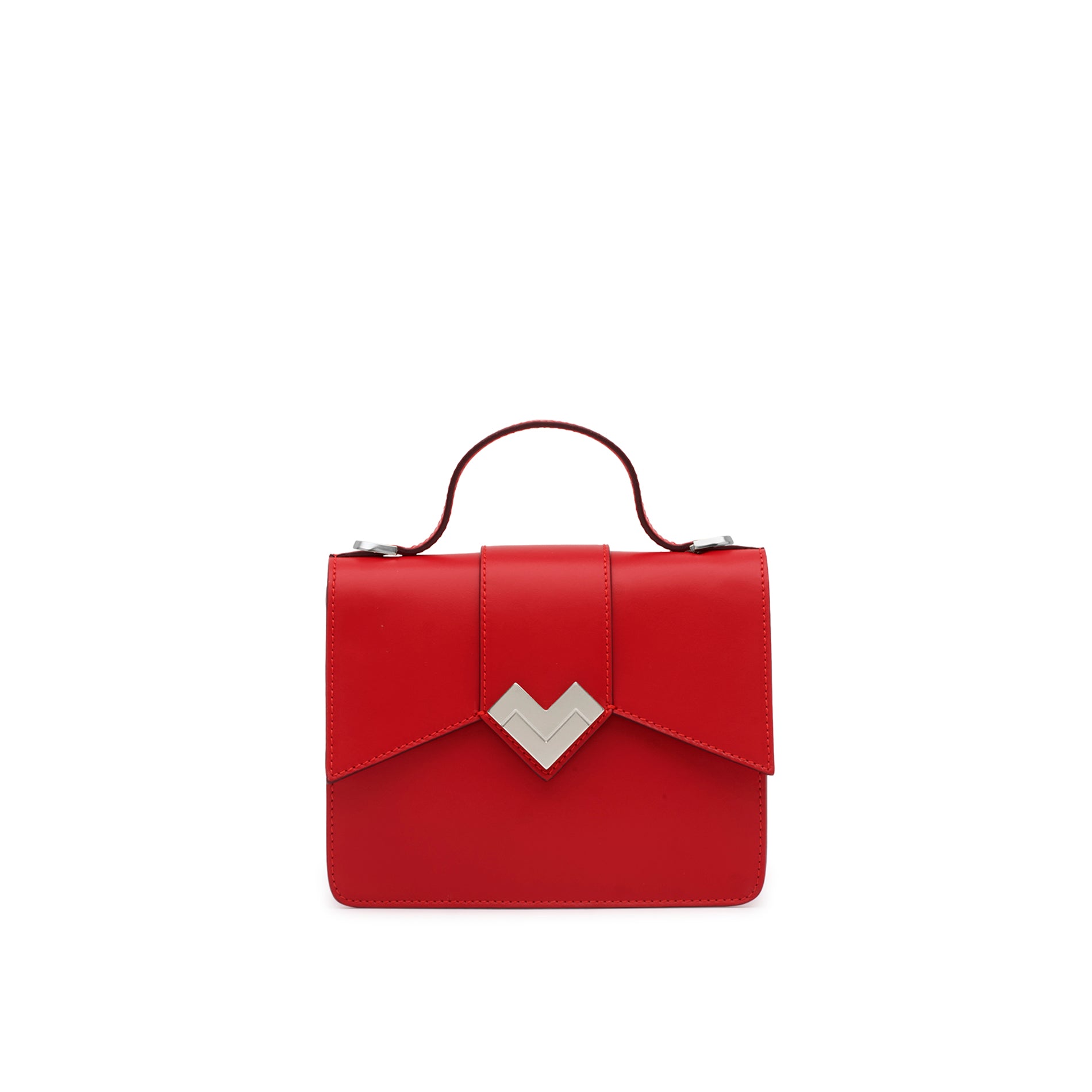 Mario Valentino red calf leather mini handbag with top handle and silver-tone MV logo hardware, adjustable and removable leather shoulder strap, flap closure, logoed nylon lining, and inner pocket. Made in Italy