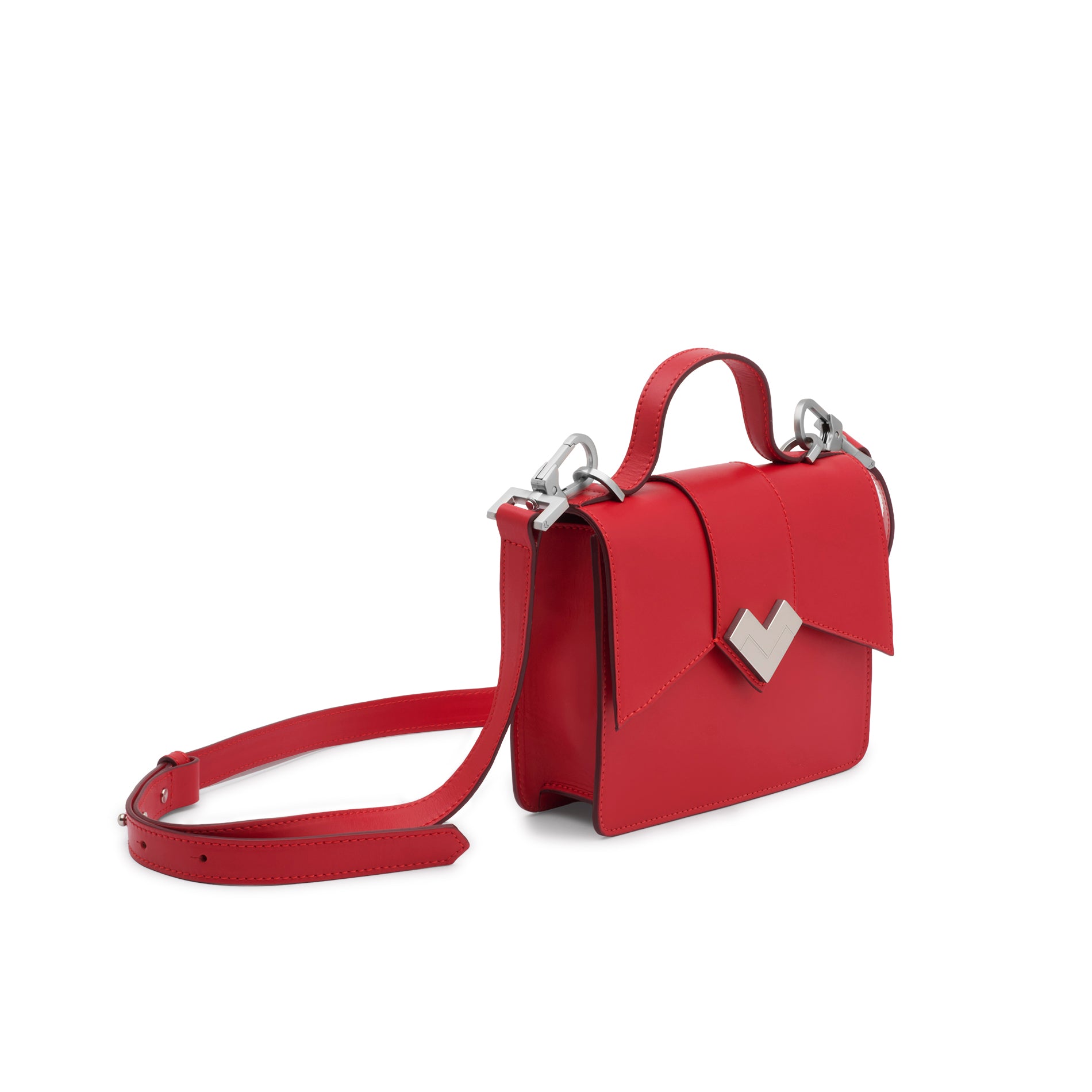 Mario Valentino red calf leather mini top handle handbag with signature silver-tone MV logo hardware and adjustable shoulder strap. Made in Italy