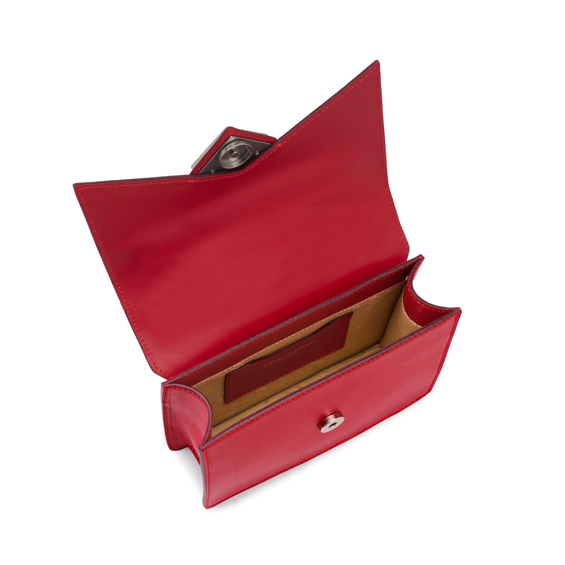 Interior view of Mario Valentino red calf leather mini top handle bag with logoed nylon lining and inner pocket. Made in Italy.