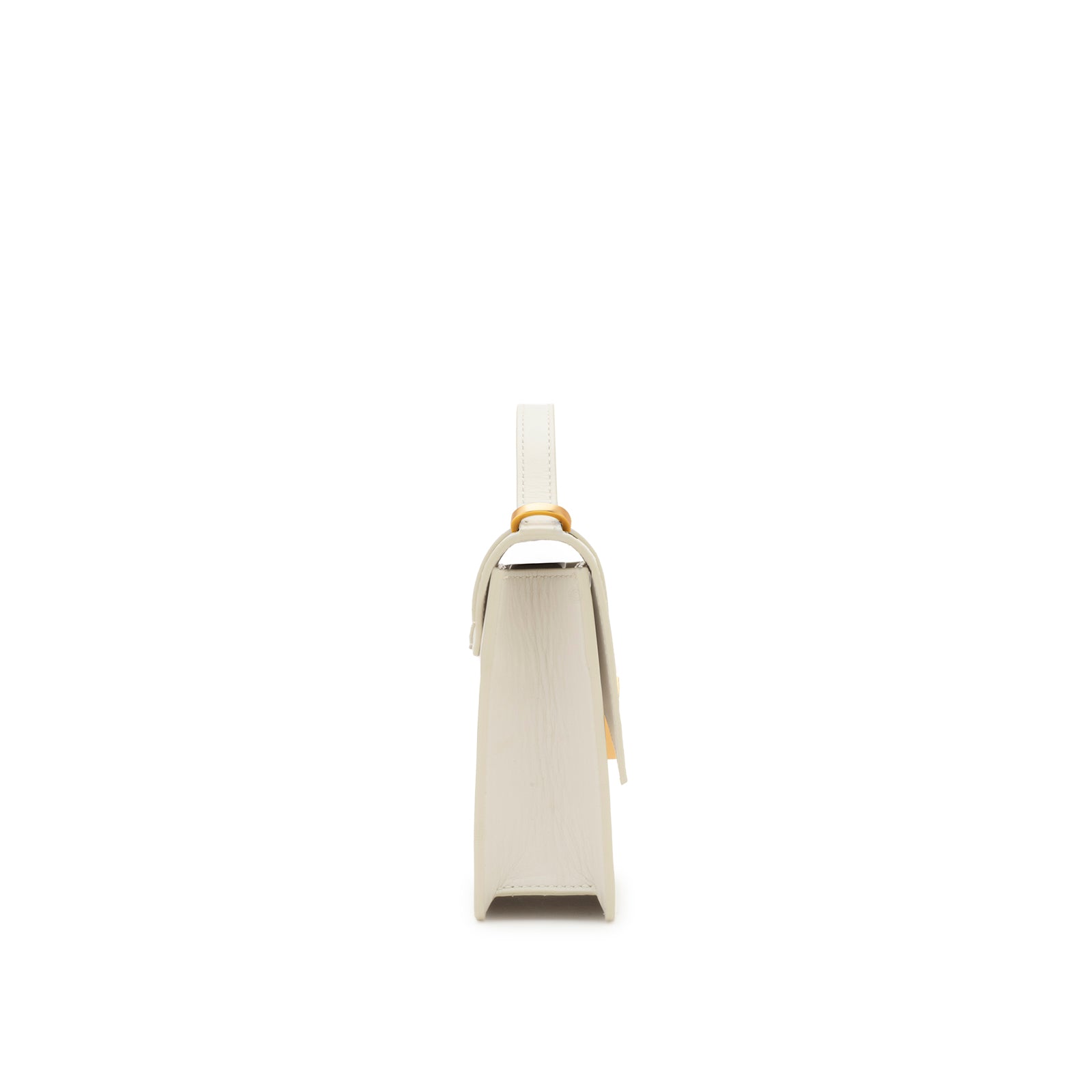 Side view of Mario Valentino white calf leather mini handbag with gold-tone MV logo hardware and adjustable leather shoulder strap. Made in Italy