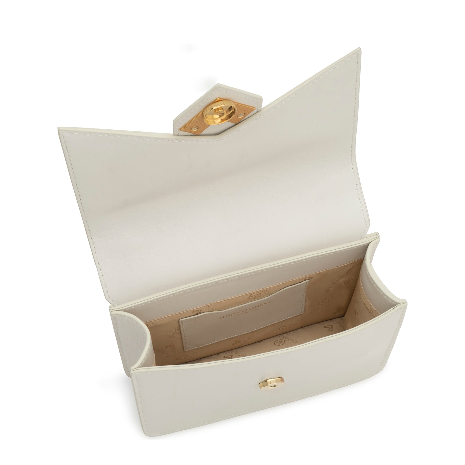 Interior view of Mario Valentino white calf leather minibag with logoed nylon lining and inner pocket. Made in Italy.