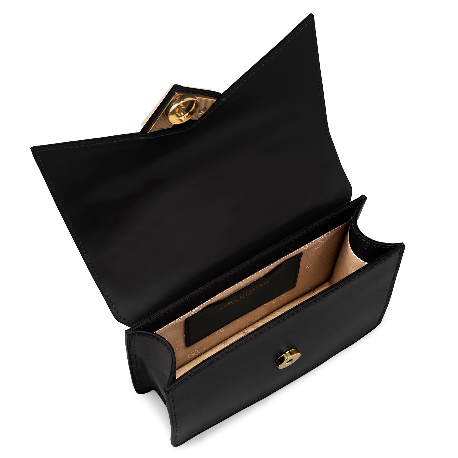 Interior view of Mario Valentino black calf leather minibag with logoed nylon lining and inner pocket. Made in Italy.