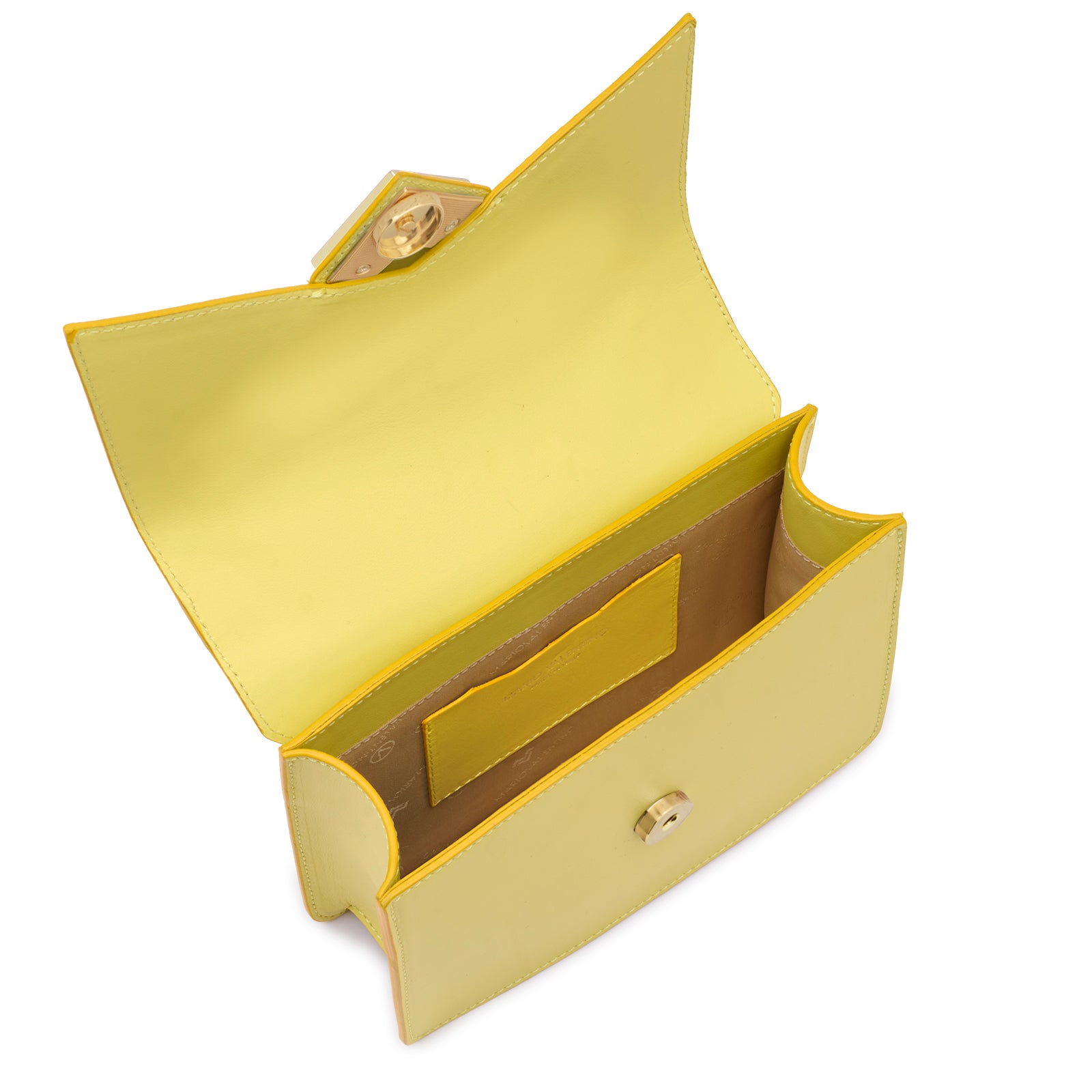 Interior view of Mario Valentino yellow calf leather minibag with logoed nylon lining and inner pocket. Made in Italy.