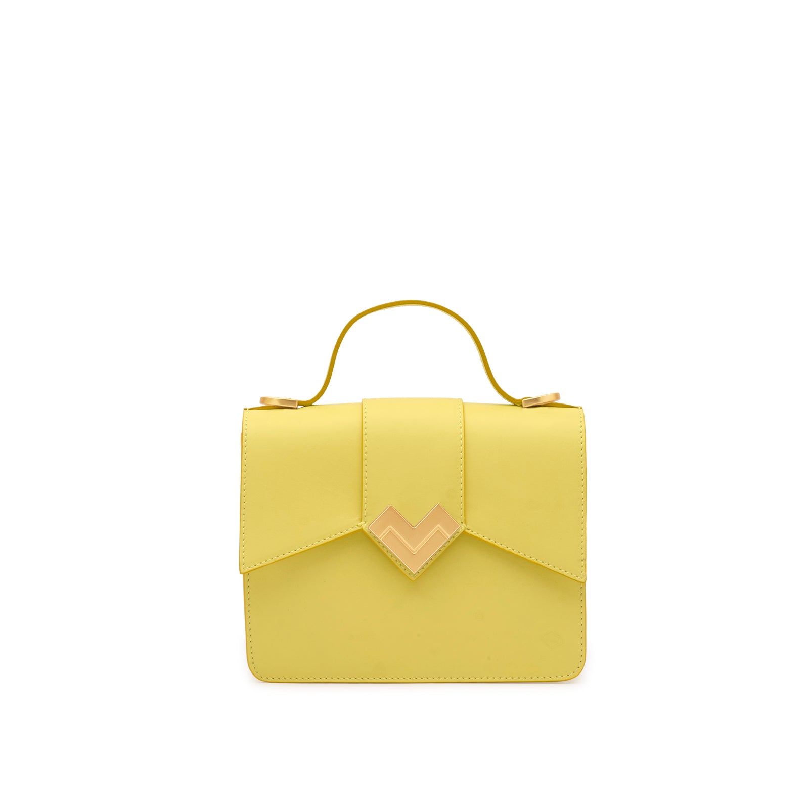 Mario Valentino yellow calf leather mini bag with gold-tone MV logo hardware, top handle, flap closure, Made in Italy