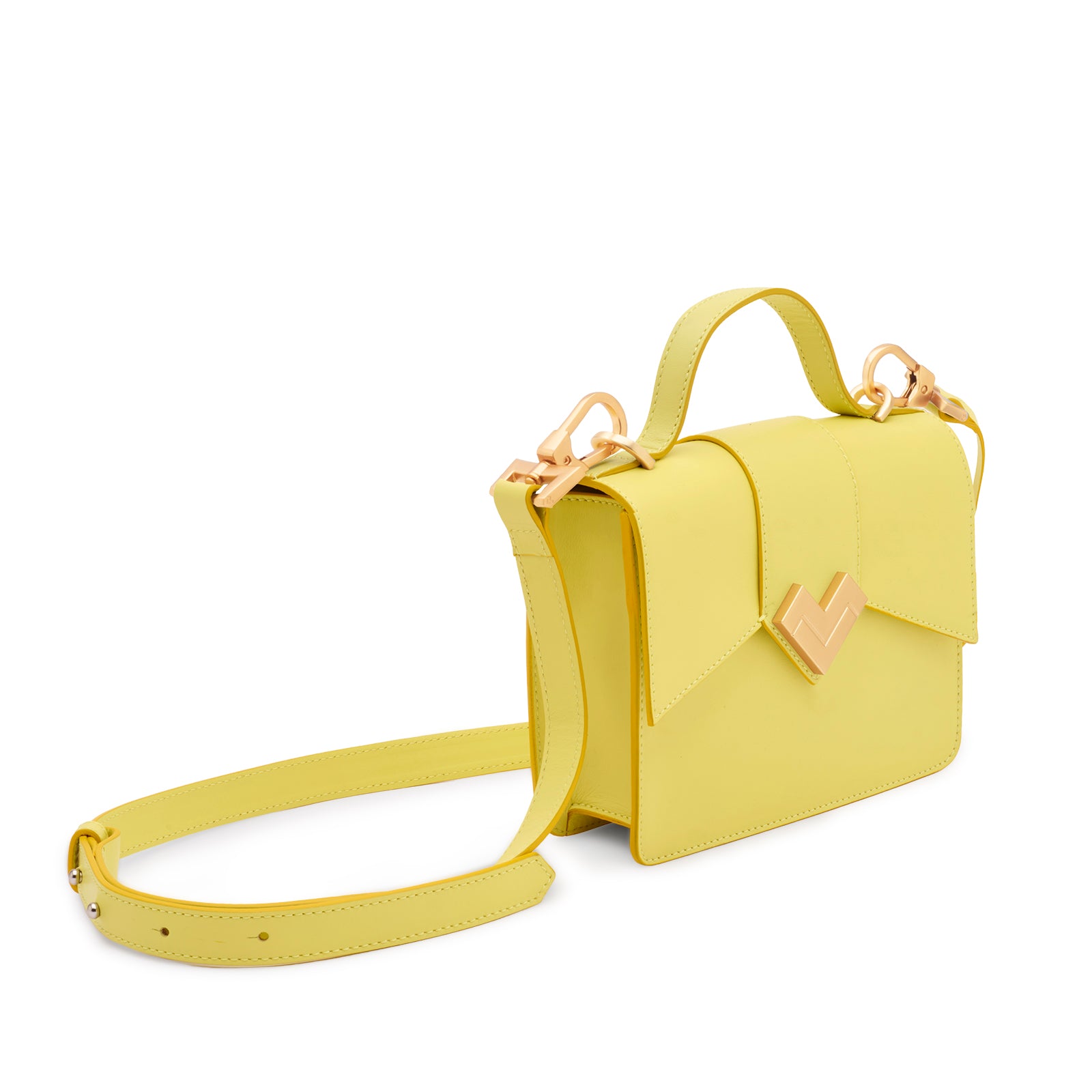 Side view of Mario Valentino yellow calf leather mini handbag with gold-tone MV logo hardware and adjustable leather shoulder strap. Made in Italy