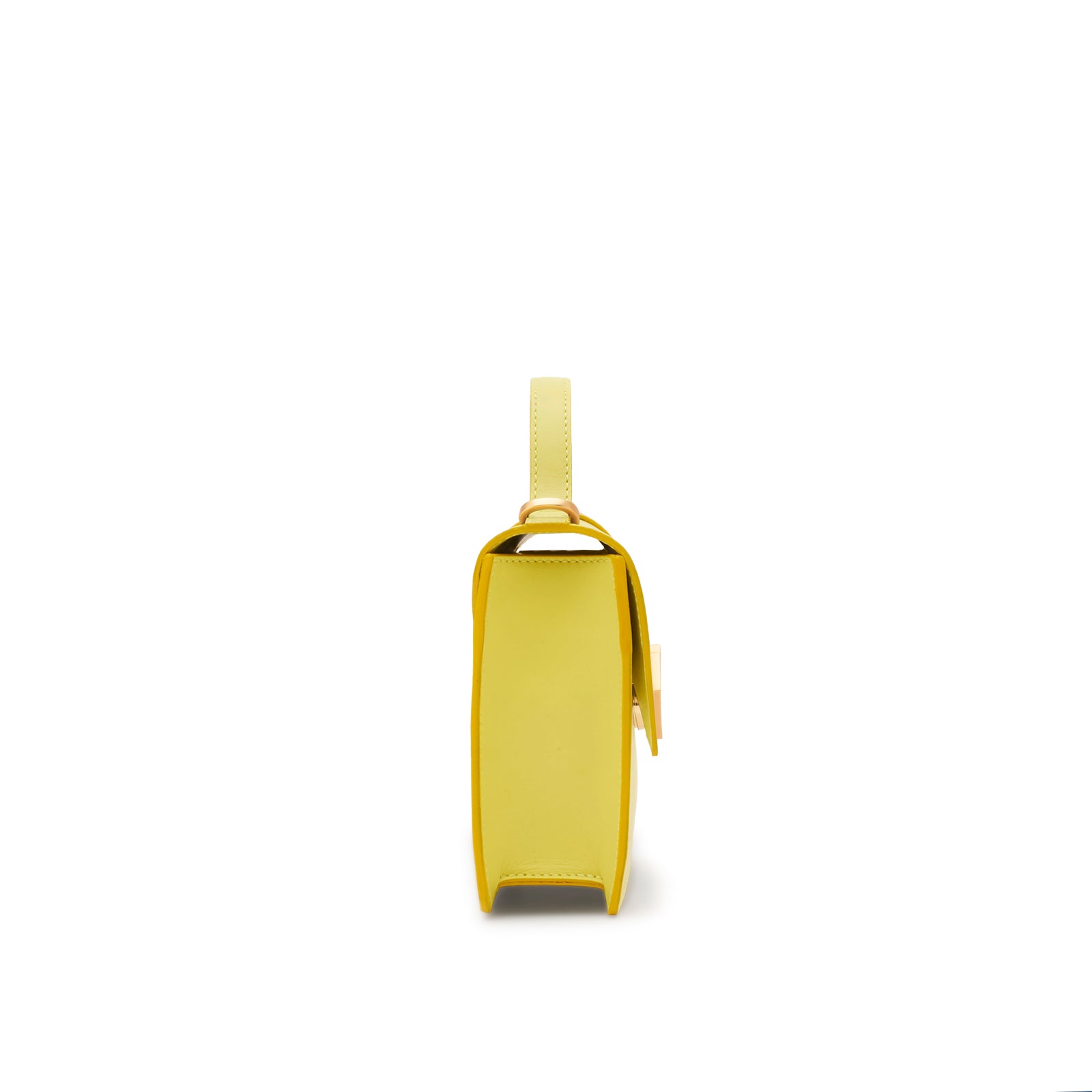Side profile of the Mario Valentino mini top handle bag in vibrant yellow calf leather, highlighting its clean architectural lines, structured silhouette, and the refined curvature of the fixed top handle.