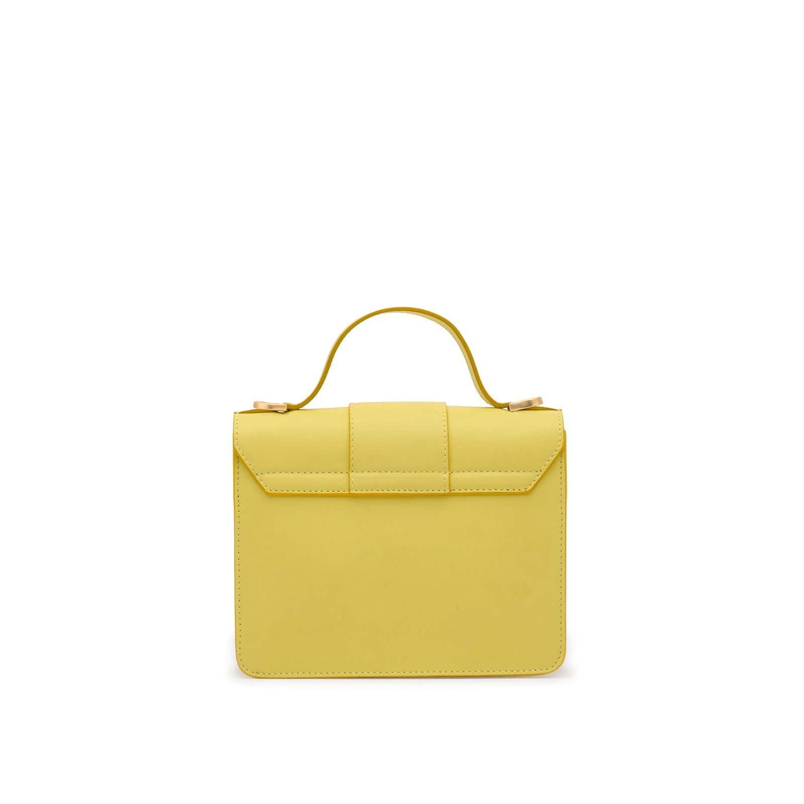Rear view of the Mario Valentino mini top handle bag in vibrant yellow calf leather, showcasing the clean structured design and the seamless execution of its architectural silhouette.
