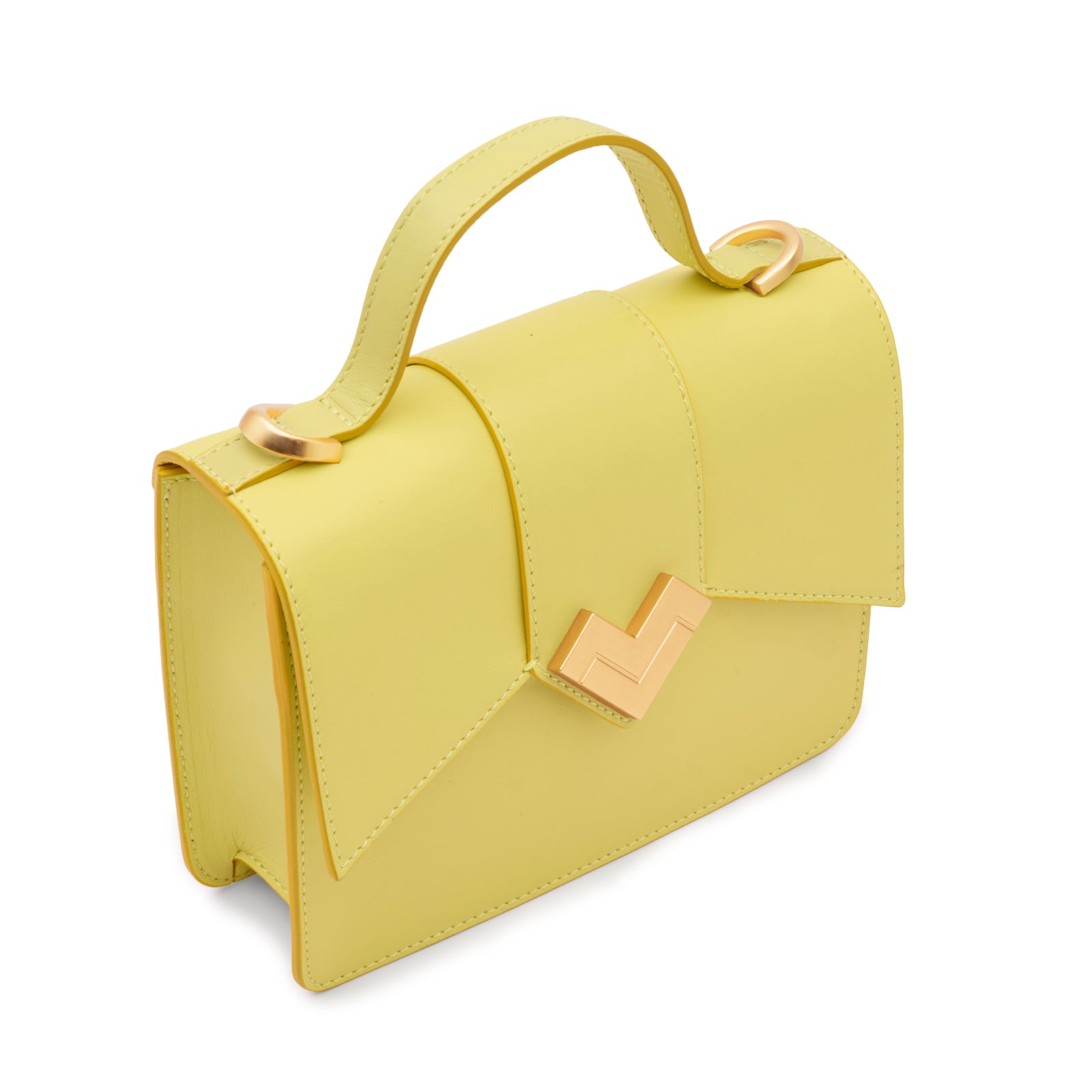 Mario Valentino yellow calf leather mini top handle bag with gold-tone MV logo hardware.