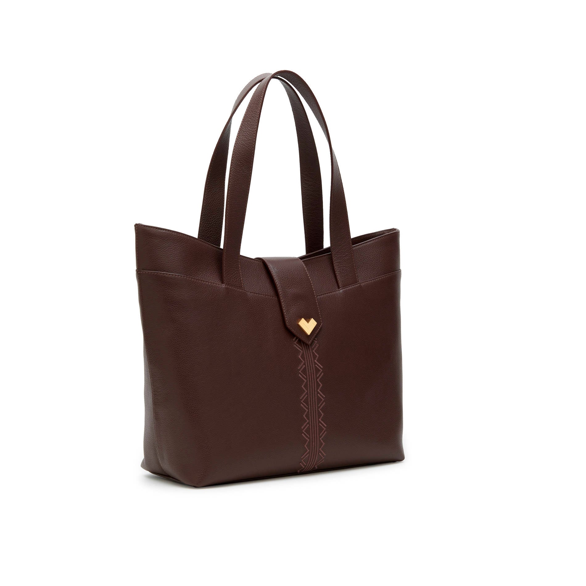 Luxury moka calf leather tote bag with gold logo and embroidery, large Mario Valentino shoulder bag for everyday use Made in Italy