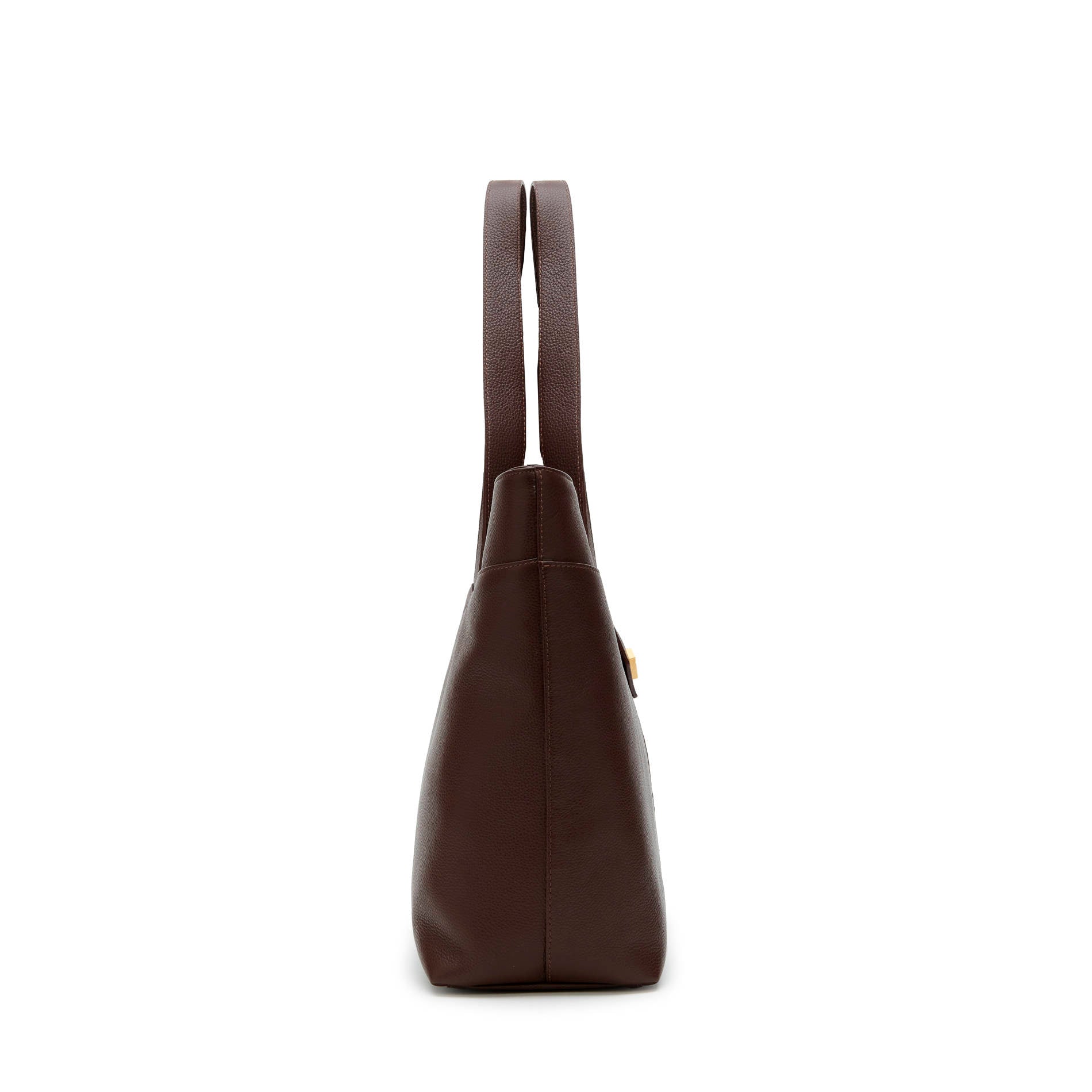 Moka calf leather tote bag side detail with clean lines and structured design