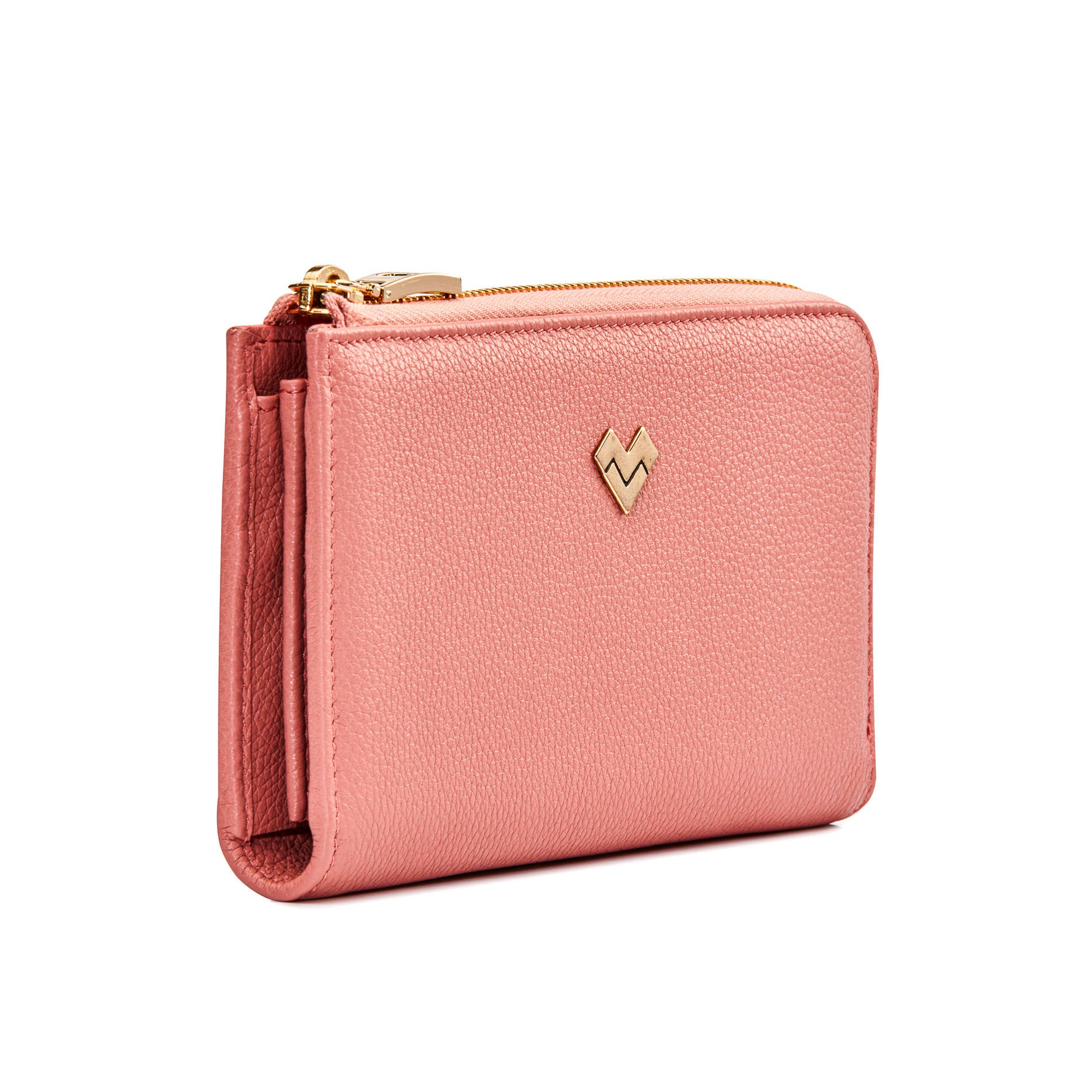 Side view of Mario Valentino peach pink calfskin zip-around wallet featuring a refined leather silhouette, gold-tone MV logo hardware and elegant minimalist design. Made in Italy.