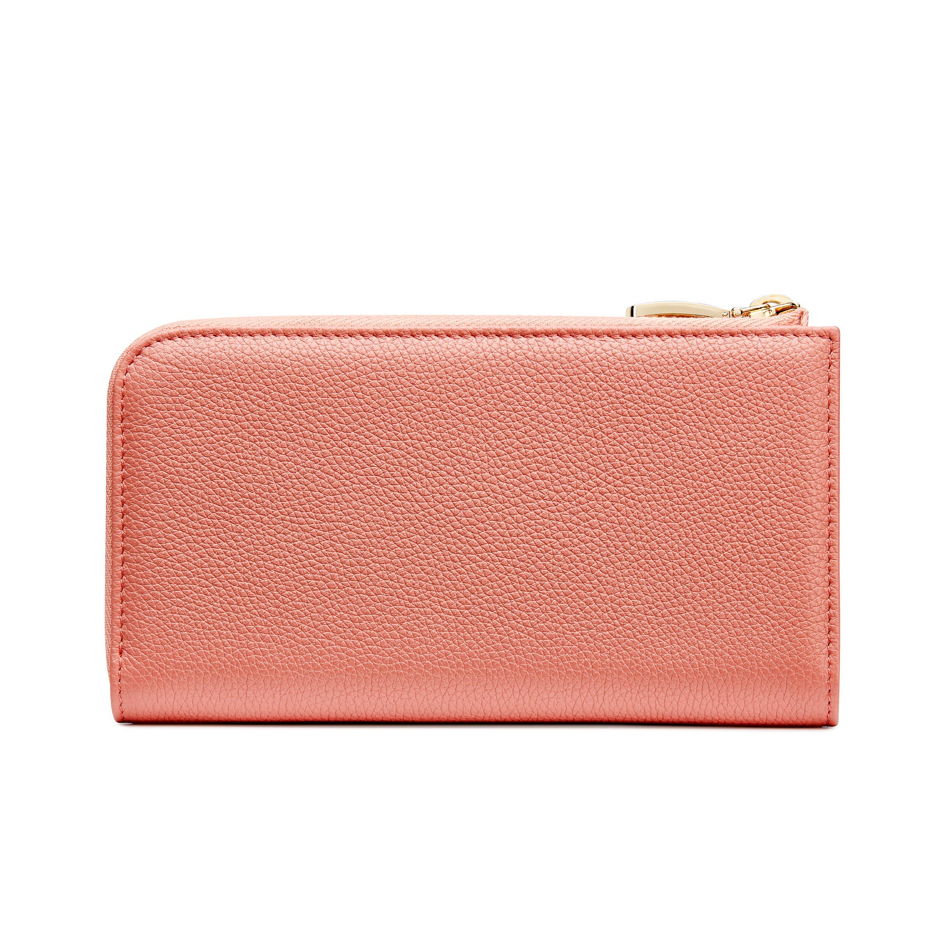 Back view of Mario Valentino soft peach calfskin zip-around wallet featuring a refined leather silhouette and gold-tone MV logo hardware. Made in Italy.