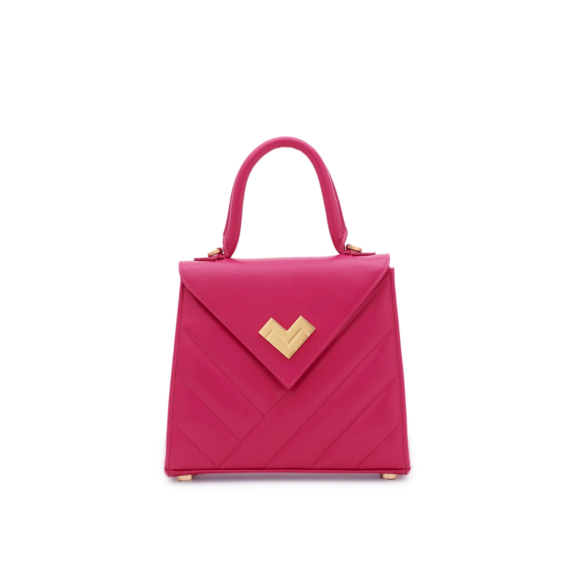 Bright pink quilted leather handbag with gold-tone logo and flap. Compact crossbody design. Made in Italy