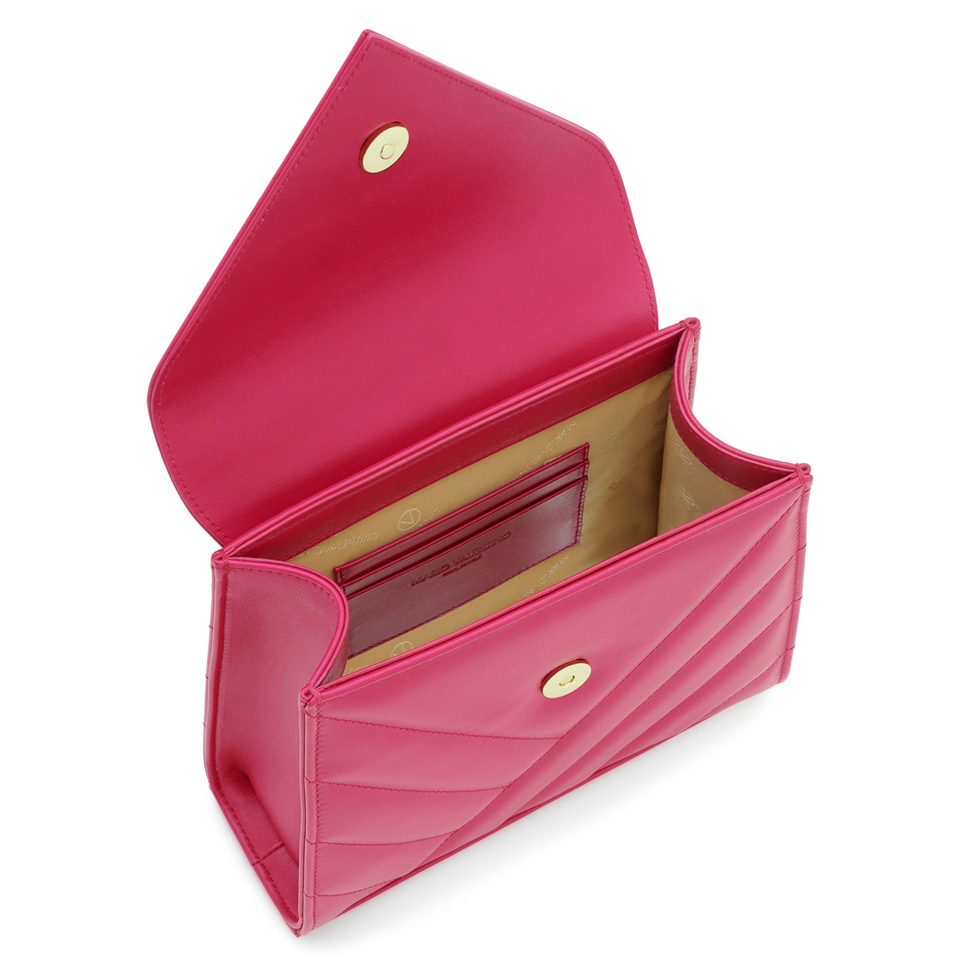 Bright pink leather mini handbag interior with card slots and lining
