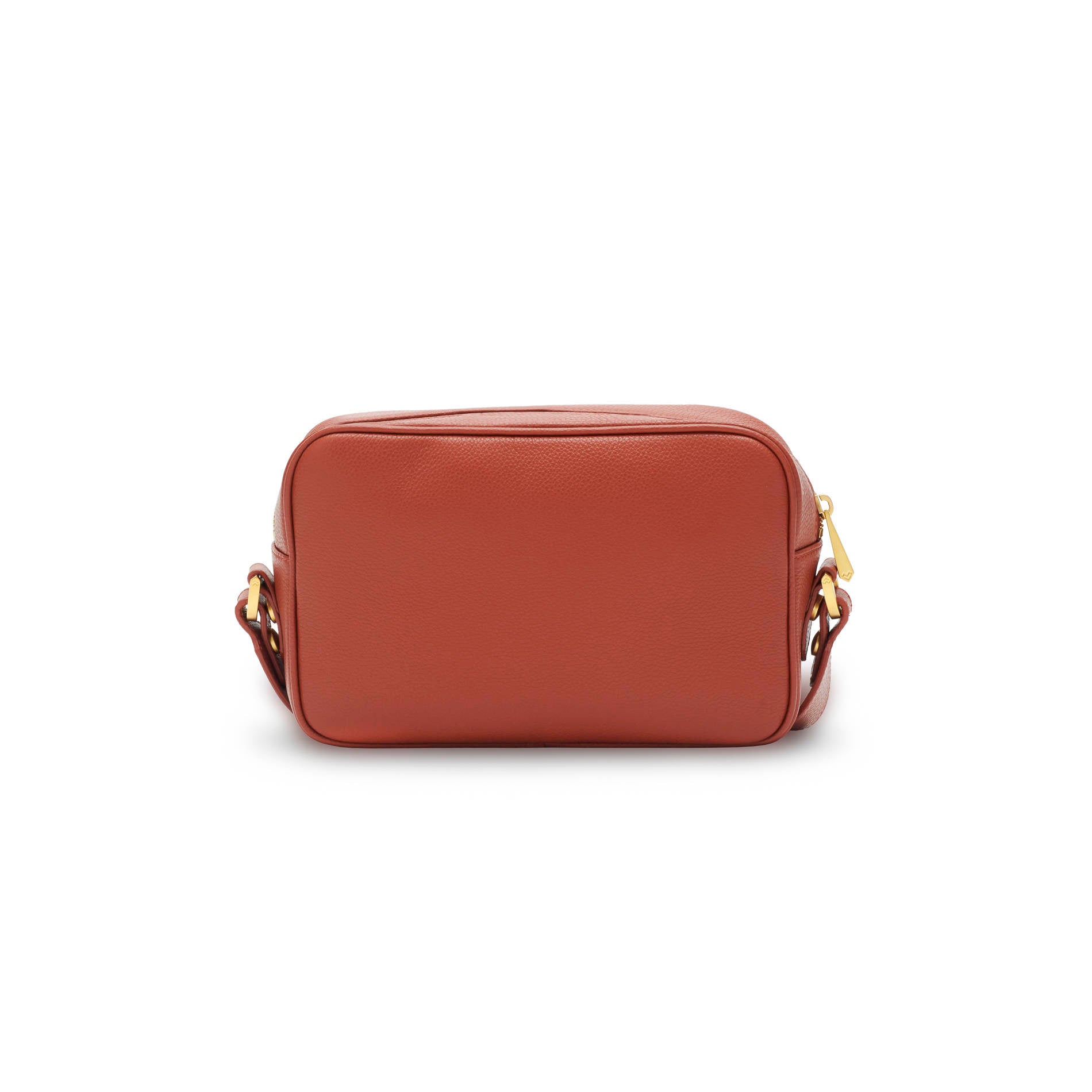 Rust leather crossbody bag back view with minimalist design and compact silhouette Made in Italy