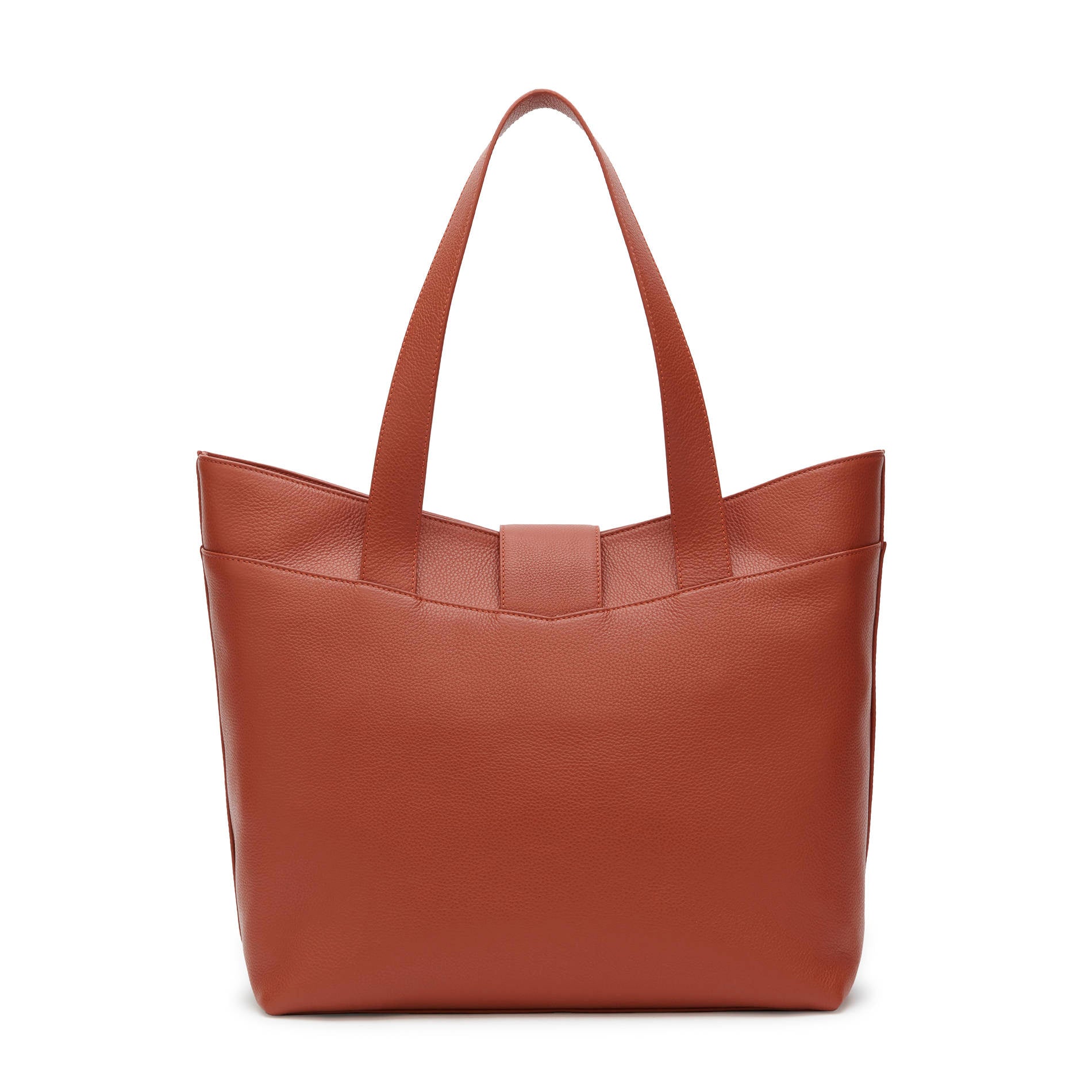 Back view rust calf leather shoulder bag with clean finish and spacious structure. Made in Italy