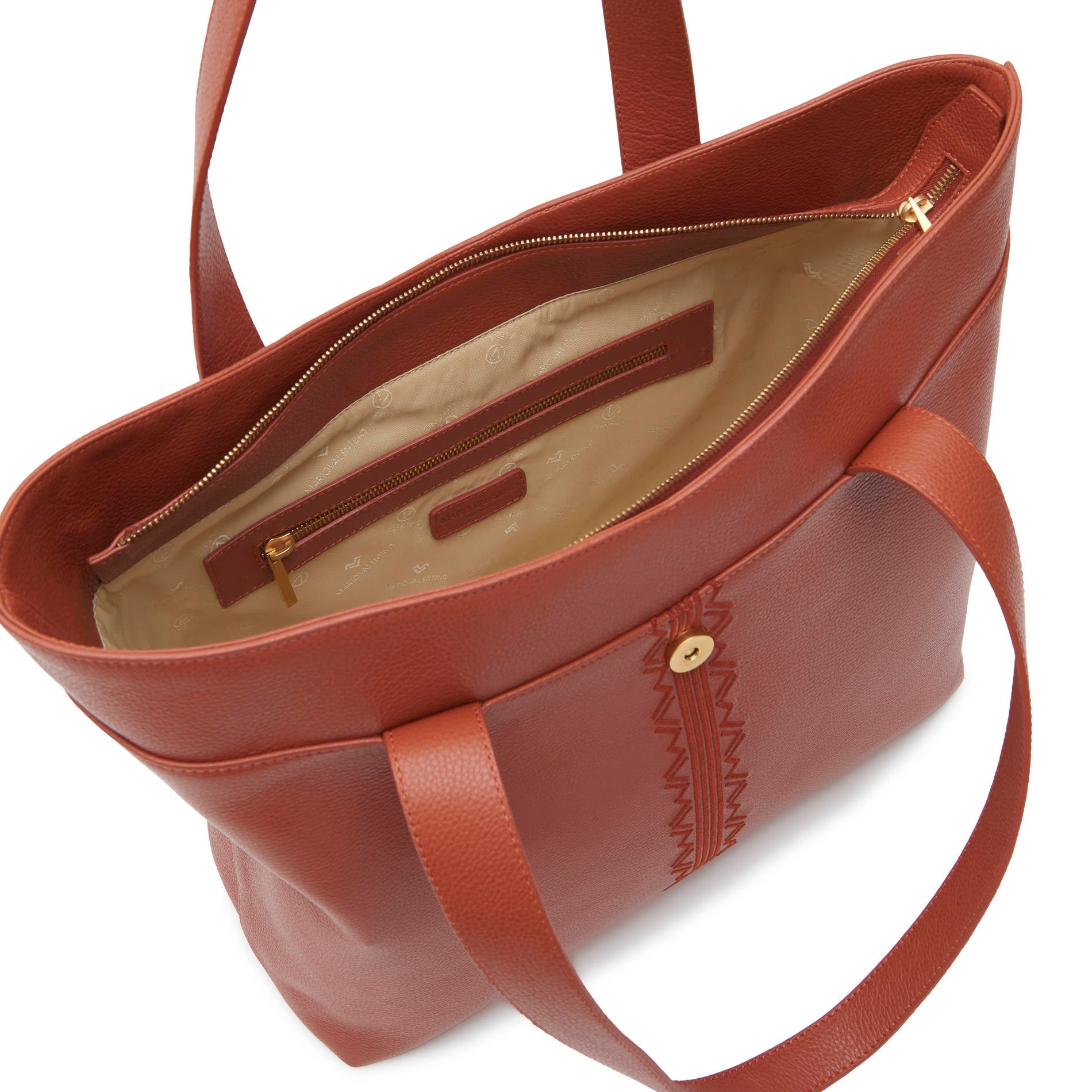 Inside rust calf leather shopping bag with logo lining and inner pocket, spacious luxury handbag.