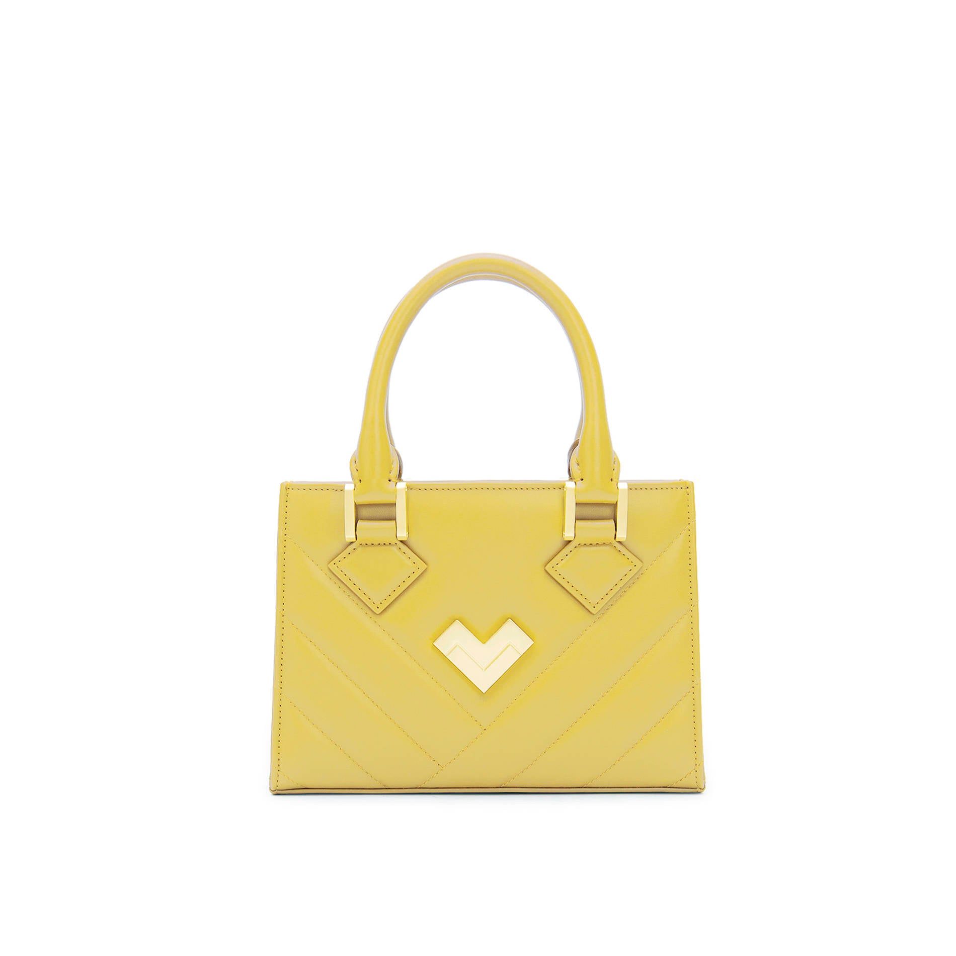 Yellow quilted leather crossbody bag with gold-tone logo and adjustable strap, compact mini Mario Valentino handbag. Made in Italy