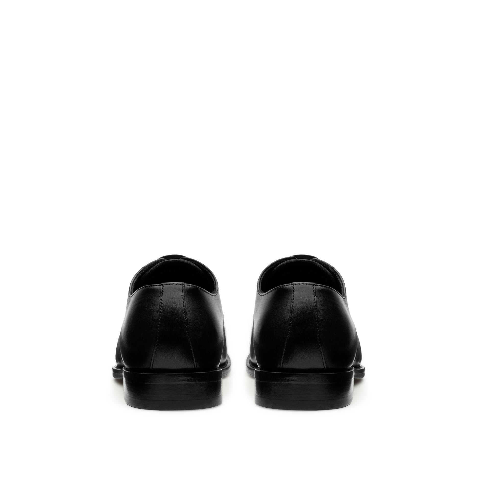 Black full-grain calf leather derby shoes back view, leather sole, handcrafted in Italy