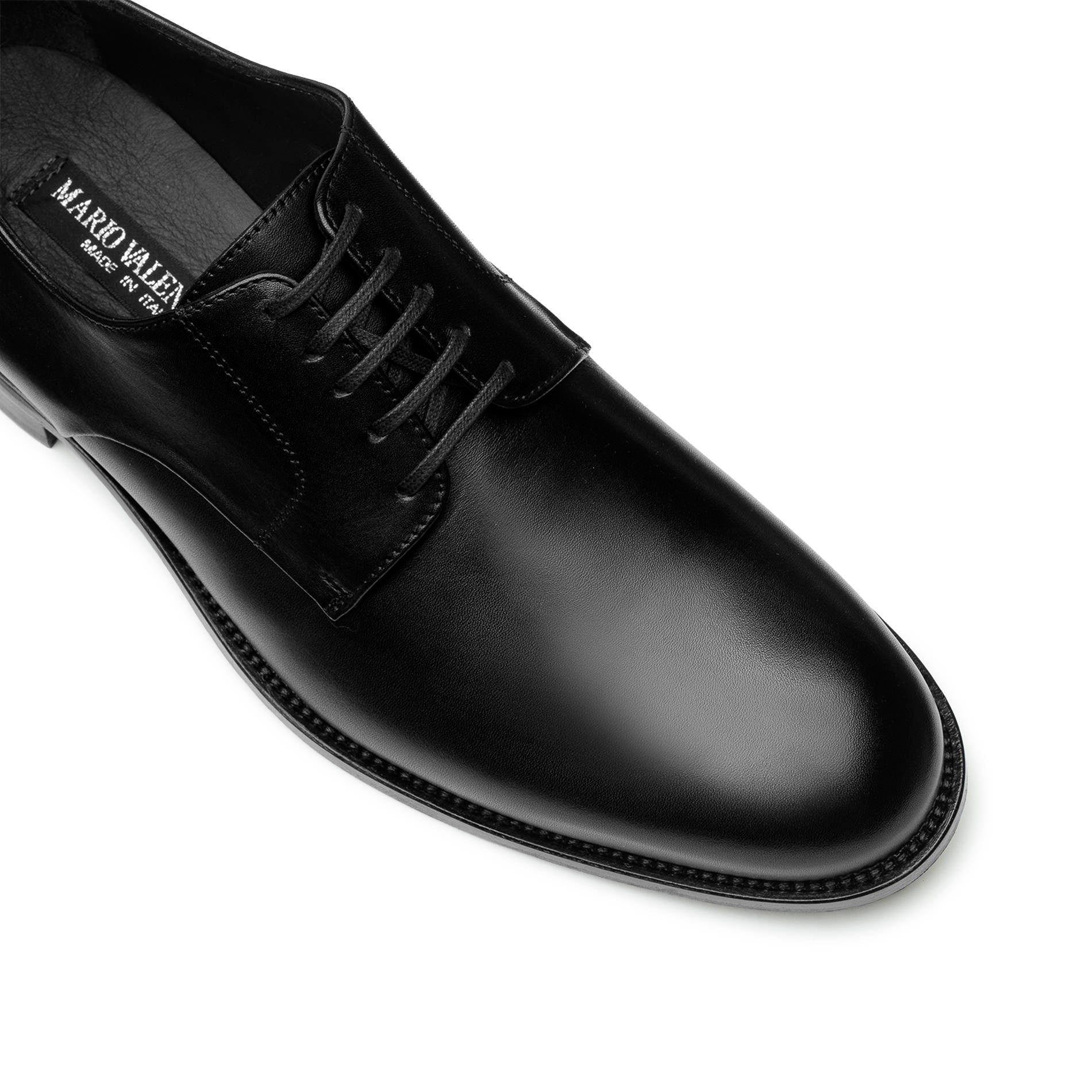 Close-up of the leather sole on black Italian calf leather derby shoes