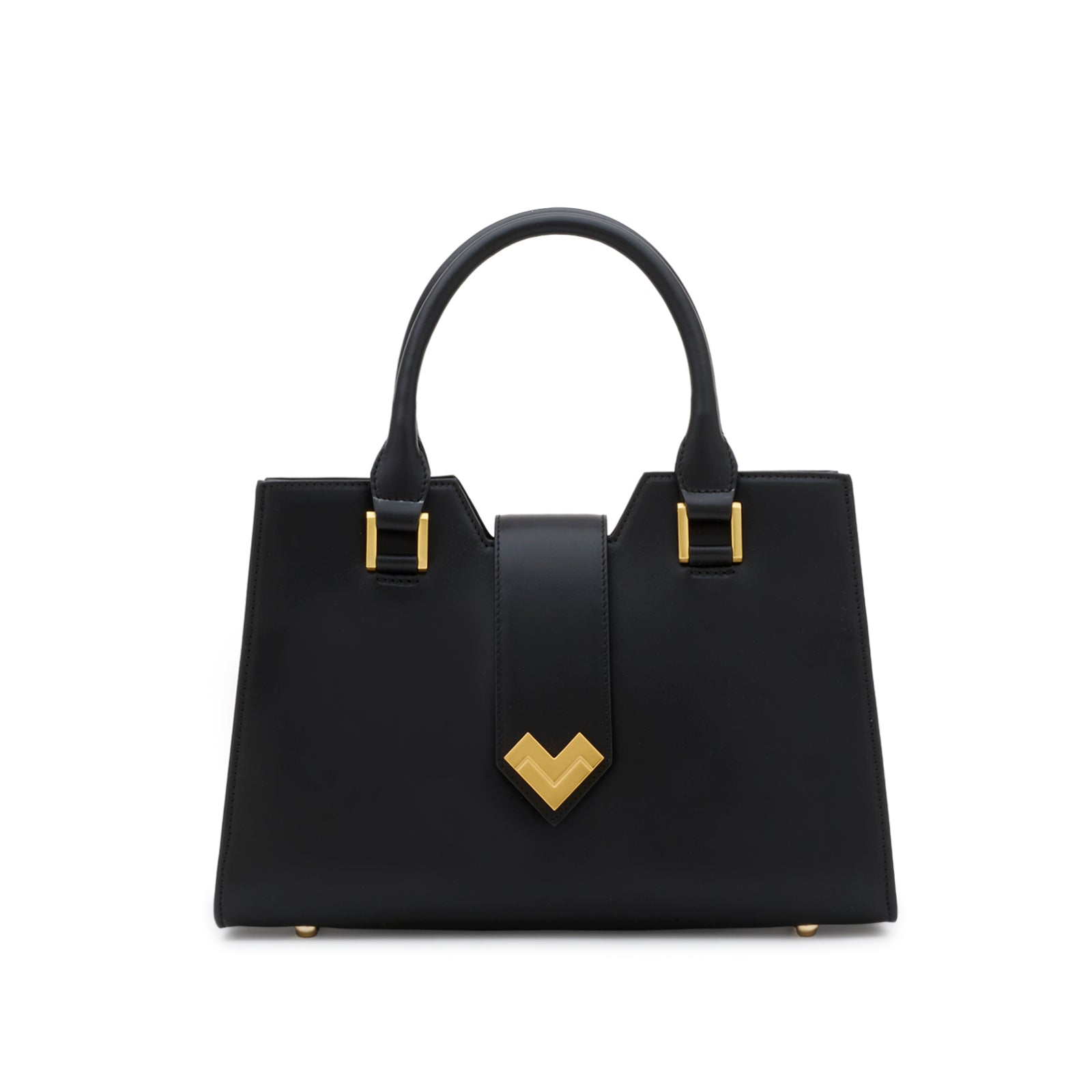 Mario Valentino black calf leather handbag with gold-tone V logo structured top handle bag front view