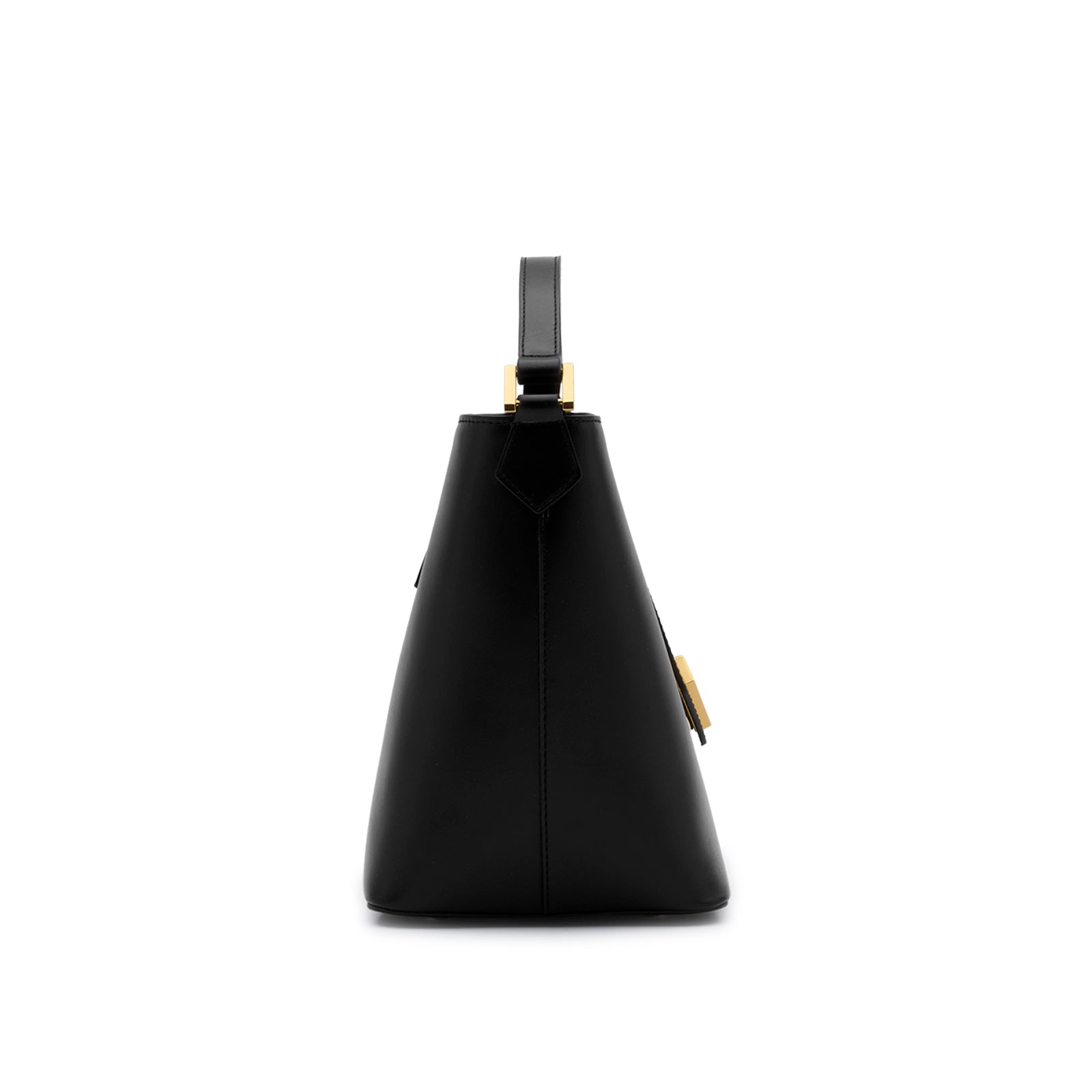 Side profile of the structured Mario Valentino black leather bag highlighting the 15cm depth and gold-finish accents