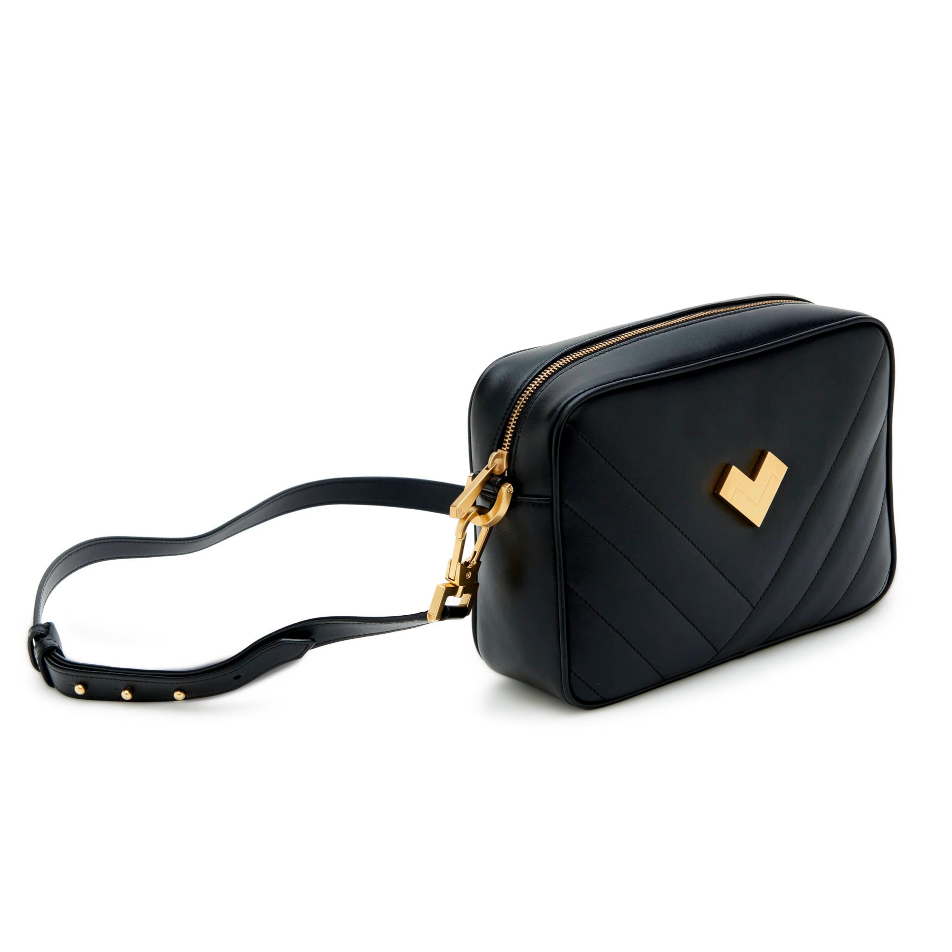 Black quilted leather camera bag with gold hardware and zip closure, adjustable strap. Made in Italy