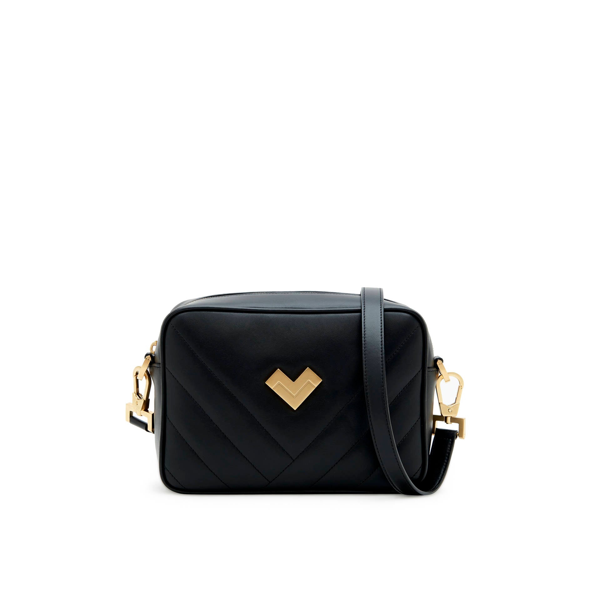 Black quilted leather crossbody camera bag with gold logo and adjustable strap. Made in Italy