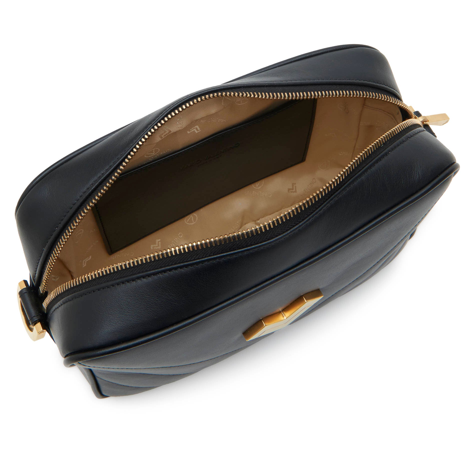 Black leather crossbody bag interior with organized compartment and zip pocket. Made in Italy