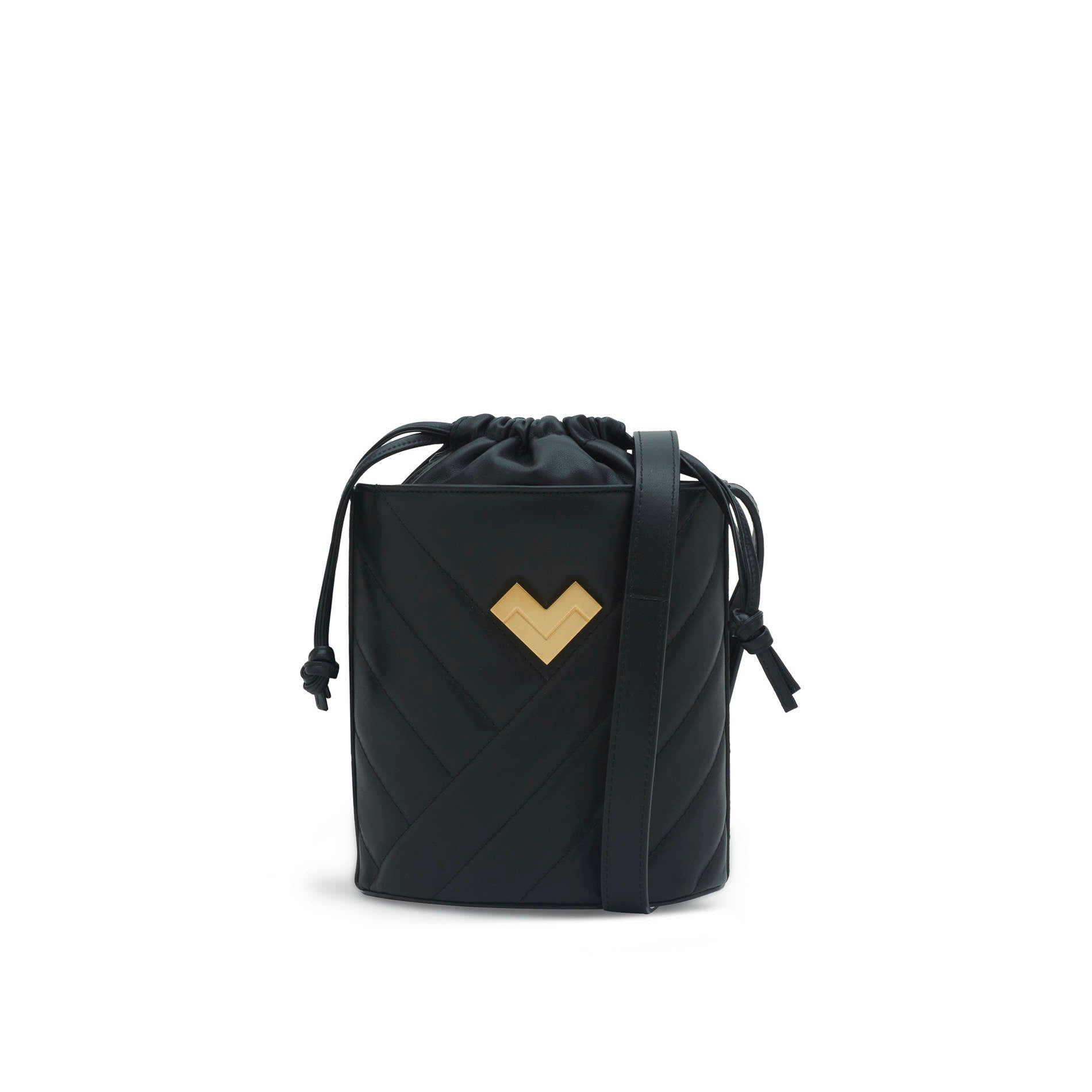 Black quilted leather crossbody bucket bag with adjustable crossbody strap, gold logo and leather drawstring closure. Made in Italy
