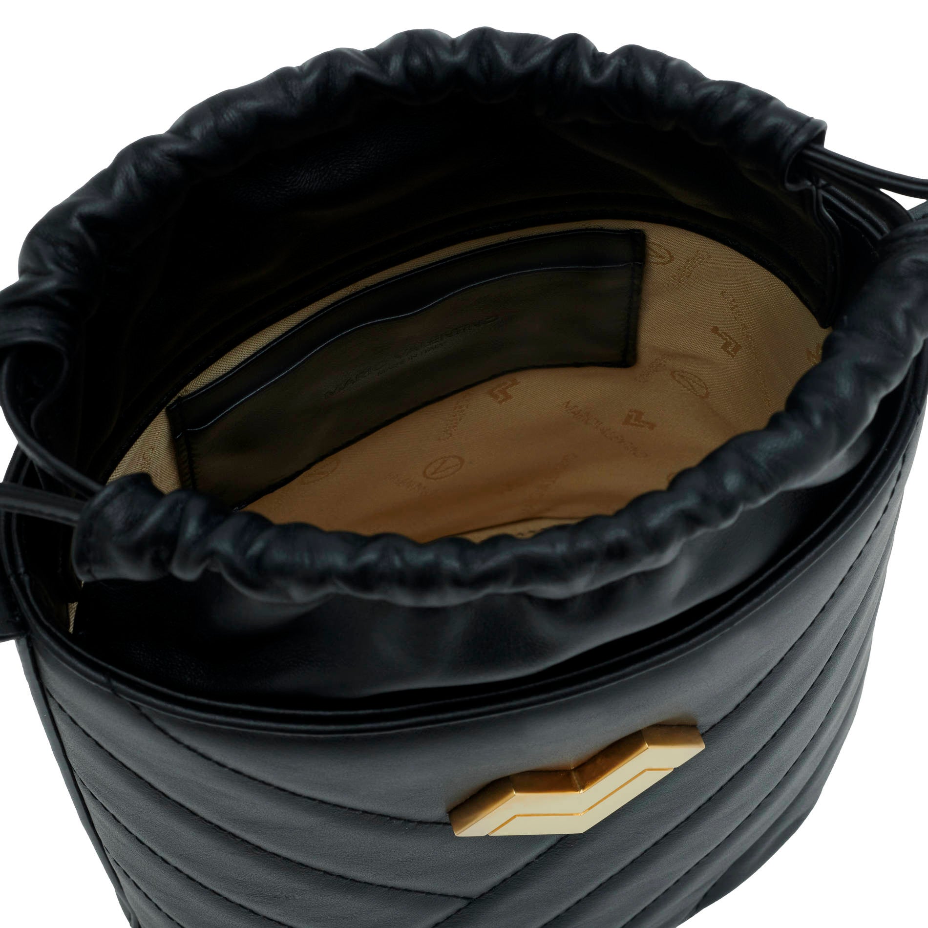 Black calf leather crossbody bucket bag interior with drawstring closure, logo lining and card slots. Made in Italy