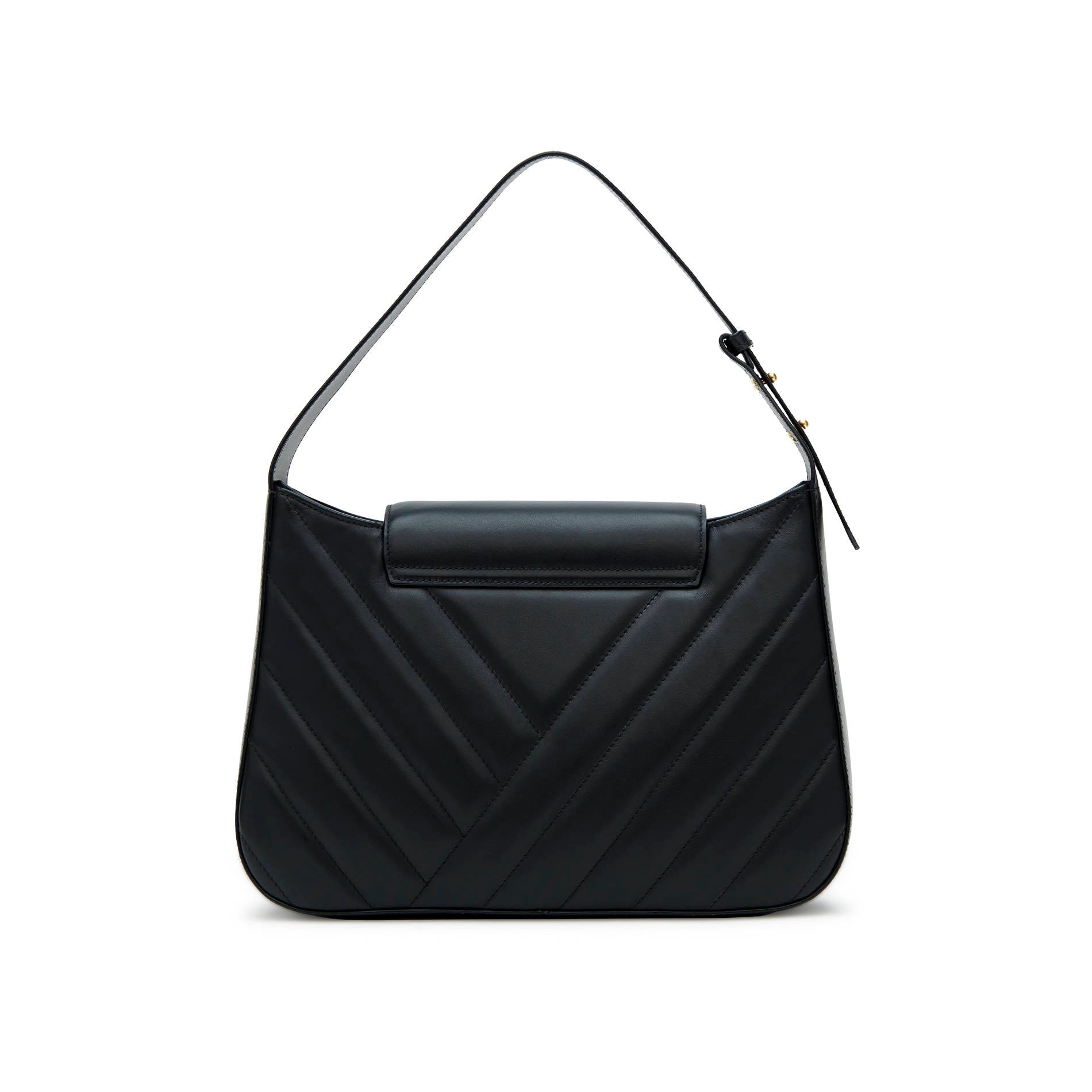 Black quilted leather shoulder bag with clean back and adjustable handle, back view. Made in Italy