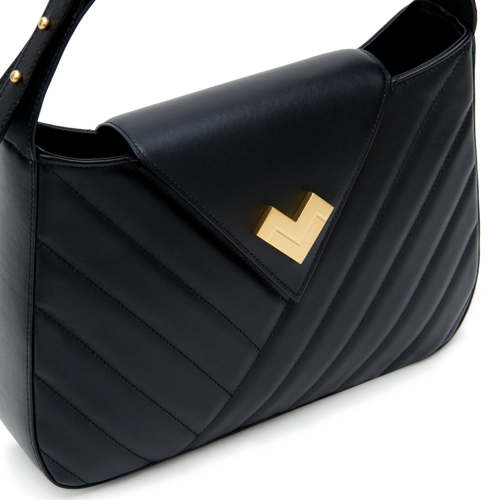 Black quilted leather shoulder bag with gold logo and chevron detail. Made in Italy