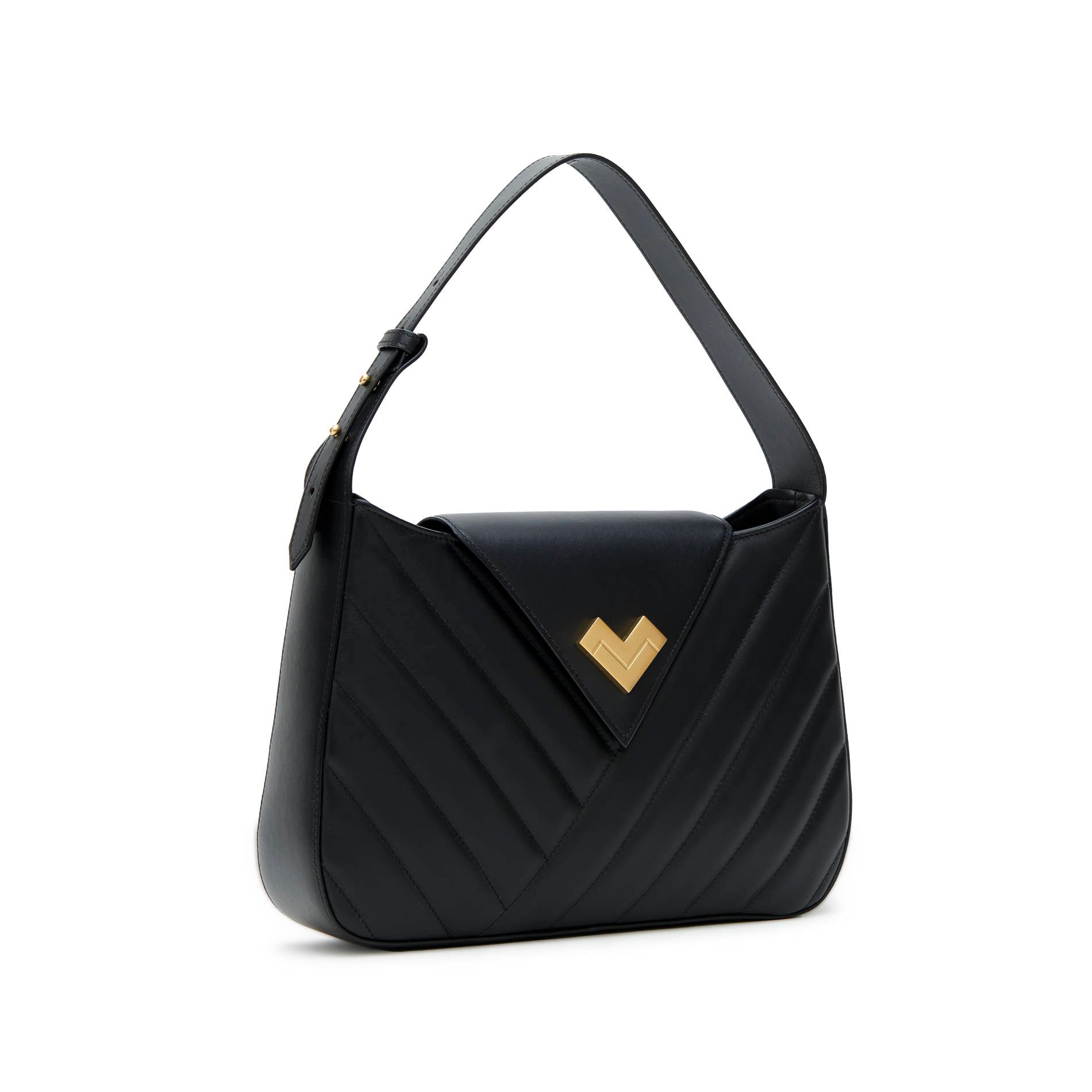 Black quilted leather shoulder bag with gold logo and flap closure. Adjustable handle.