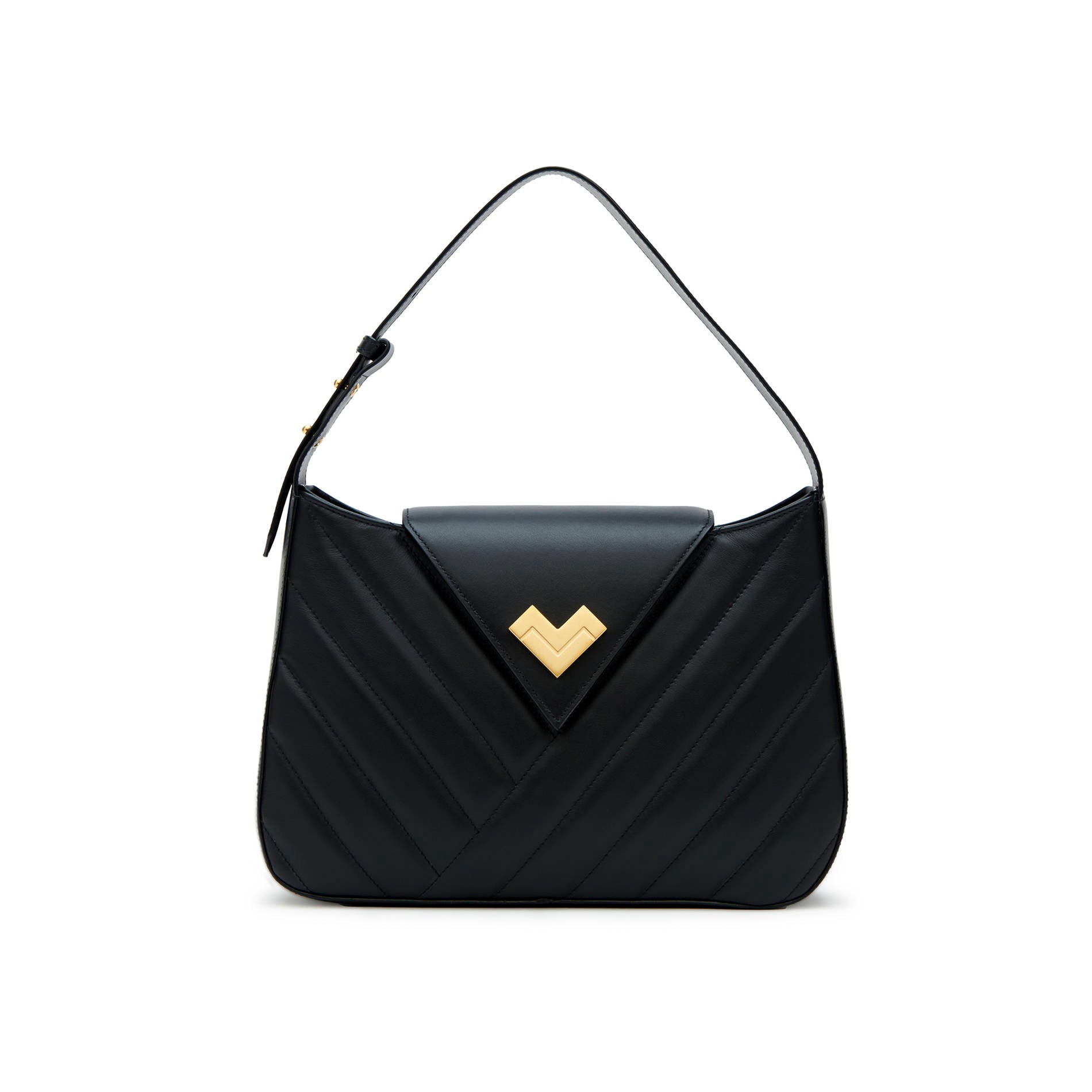 Black quilted leather shoulder bag with gold logo and flap closure. Made in Italy