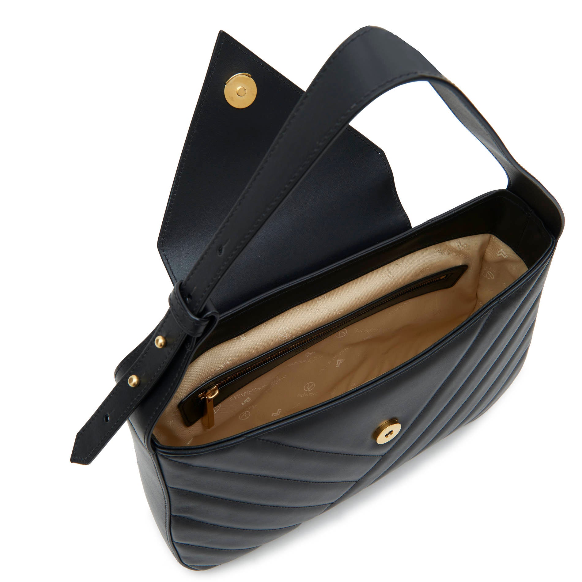 Black leather shoulder bag interior with zip pocket and logo lining. Made in Italy