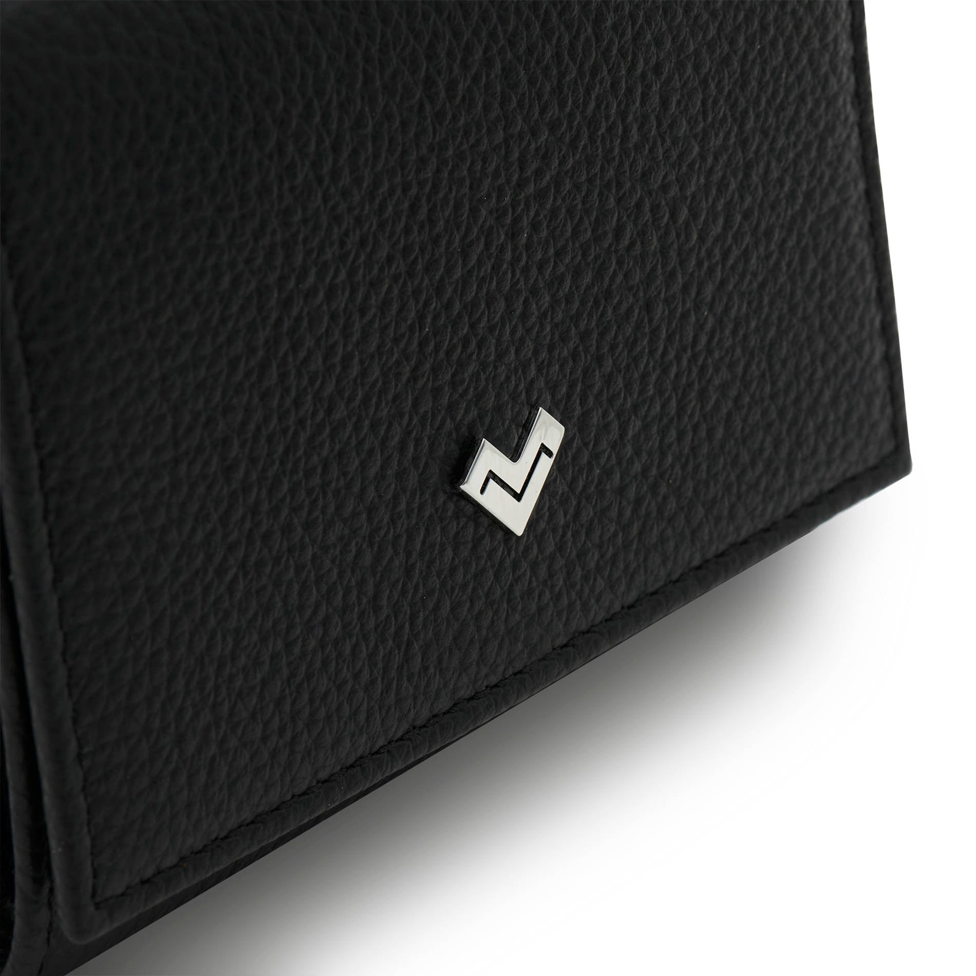 Detail of Mario Valentino black grained calfskin leather wallet with metal MV logo and textured finish.